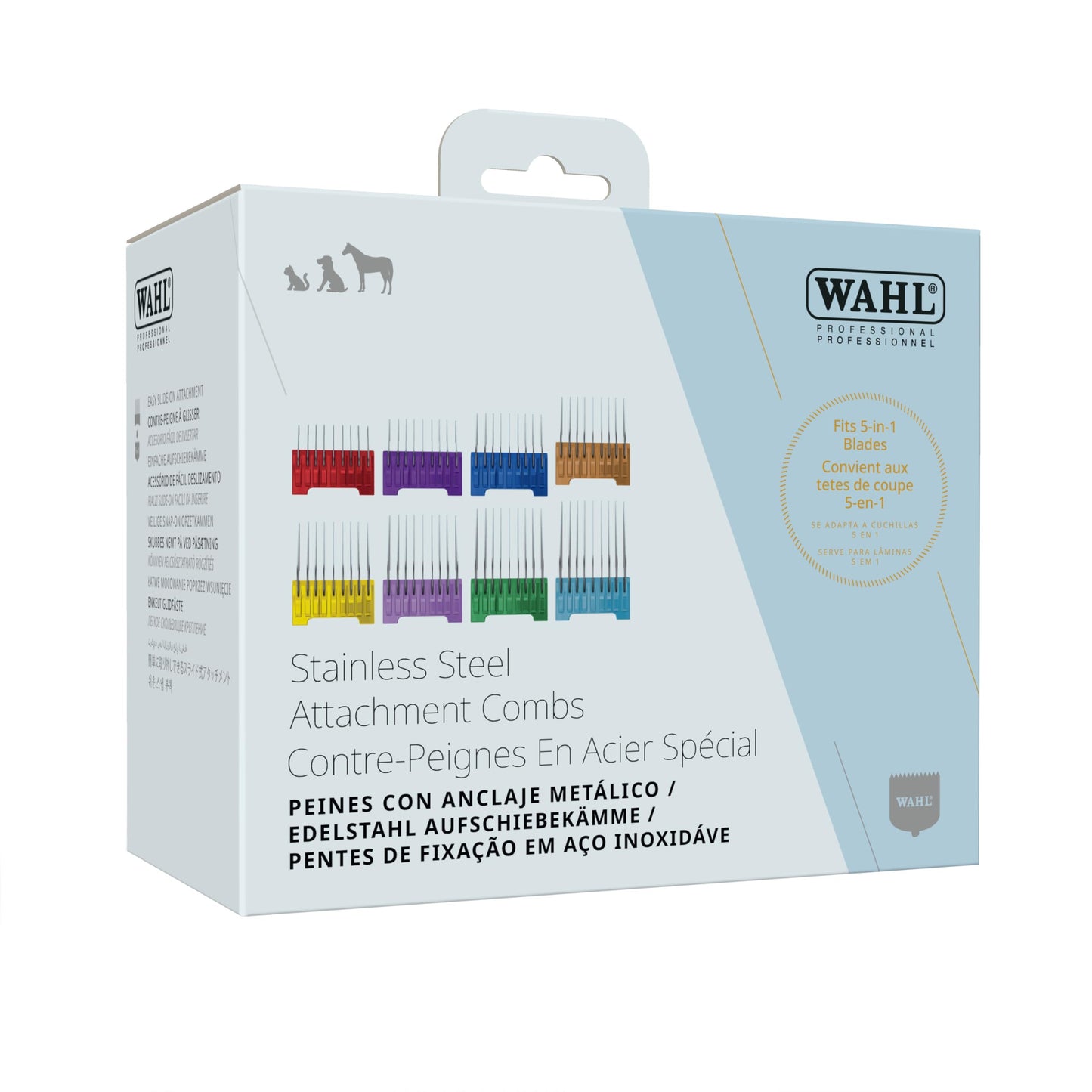 Wahl® 5-in-1 Stainless Steel Attachment Comb Set – 8 Color-Coded Guide Combs for Professional Pet Dog, Cat and Horse Grooming, Fits Wahl 5-in-1 Blades for Use with Arco, Bravura and Chromado Clippers - 3027903