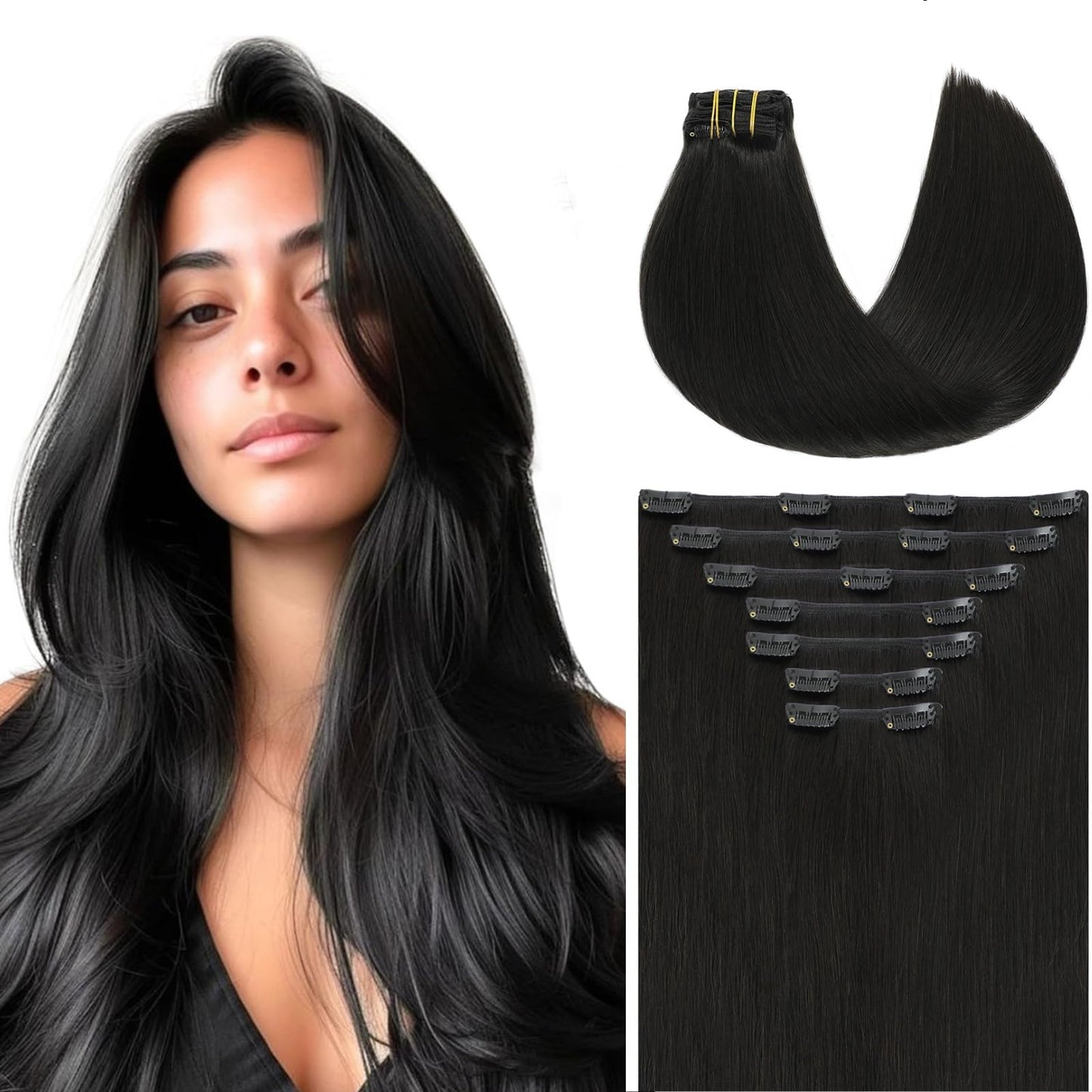 Youngsmile Clip in Hair Extensions Remy Human Hair Double Drawn Balayage Invisible Real Silky Straight Hair Extensions for Women #1B Natural Black 20 inch 160 Gram 7pcs(7PC#1B-20)