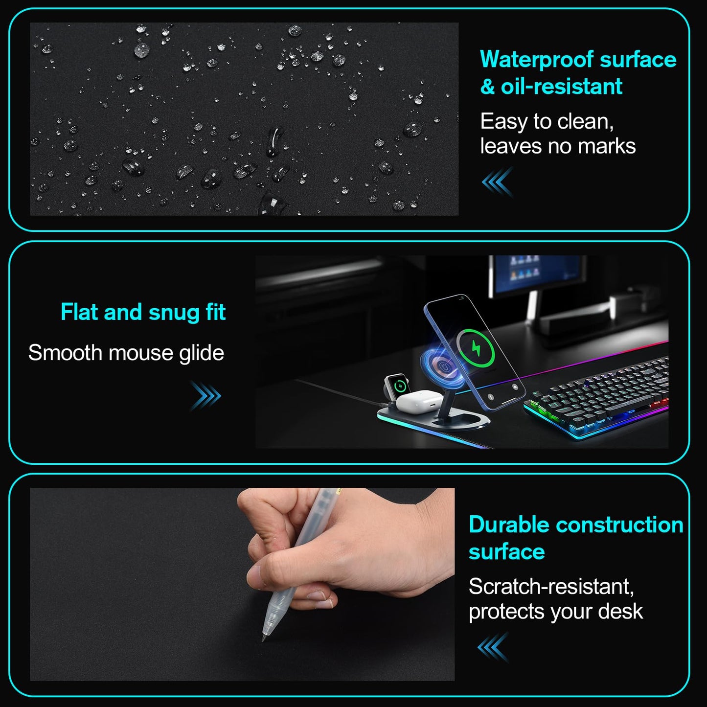 ELUTENG 4-in-1 RGB Gaming Mouse Pad with Wireless Charging & Phone Holder, 31.5"x11.81" Large Waterproof Desk Mat, Ultra-Smooth Non-Slip Keyboard Pad for Home & Office