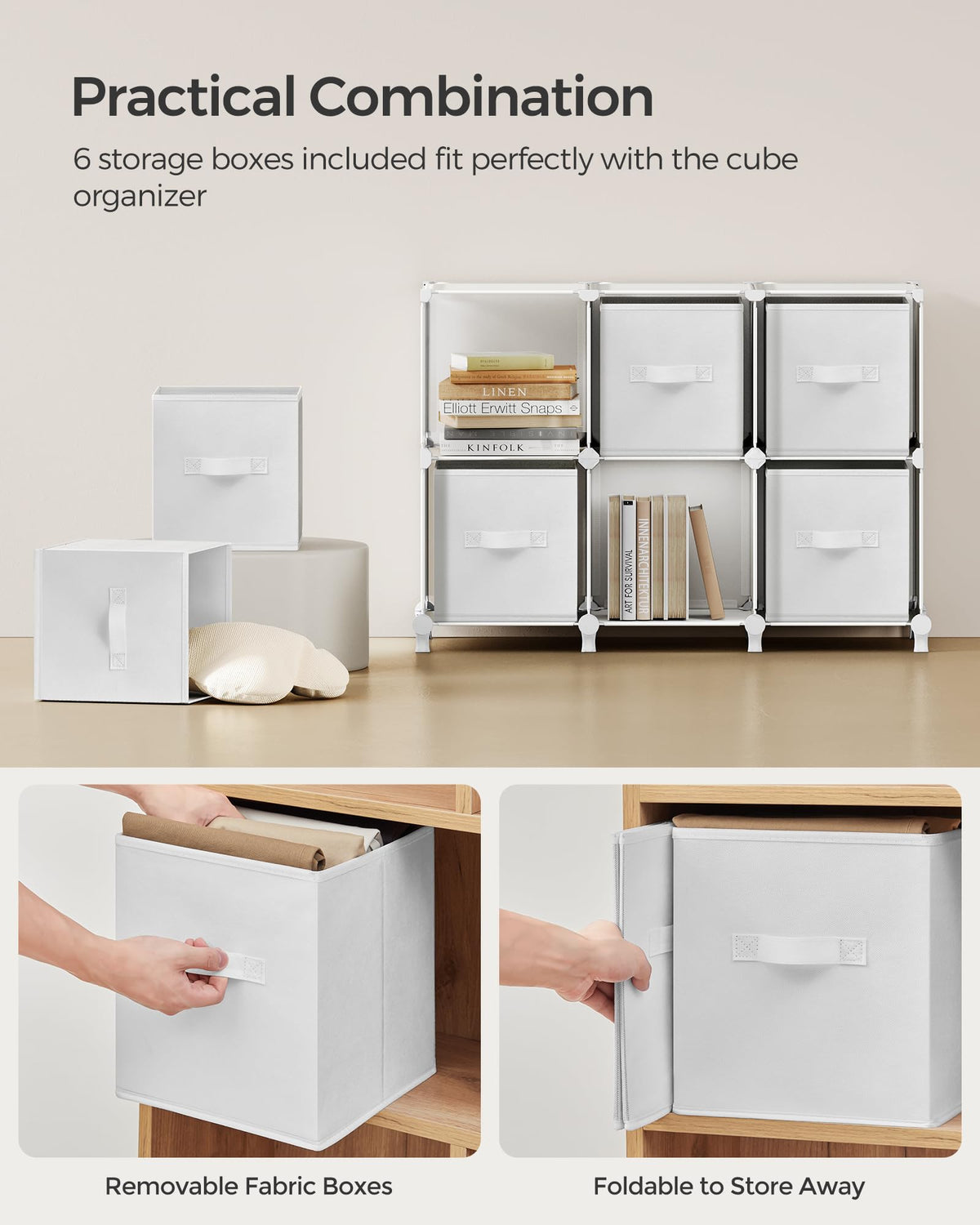 SONGMICS Cube Storage Organizer with Storage Boxes, 6-Cube Organizer, 6 Collapsible Non-Woven Fabric Bins, Customizable, Space-Saving, Living Room, Cloud White ULPC062W06