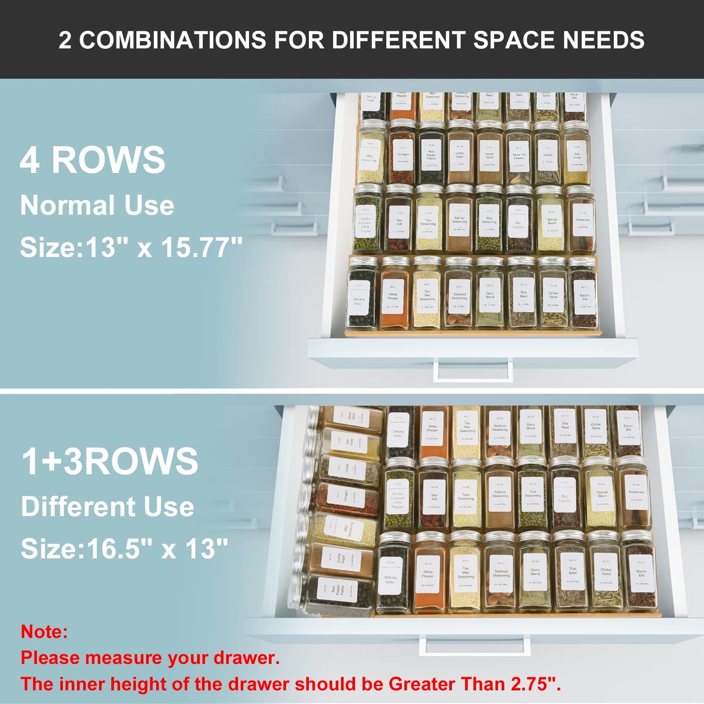 KitHero Spice Drawer Organizer with 24 Jars and 216 Labels,Non-slip Rubber, Bamboo 4 Tier Spice Racks Tray Seasoning Containers for Kitchen Drawers,Cabinets,Countertop,13" Wide * 15.8" Deep