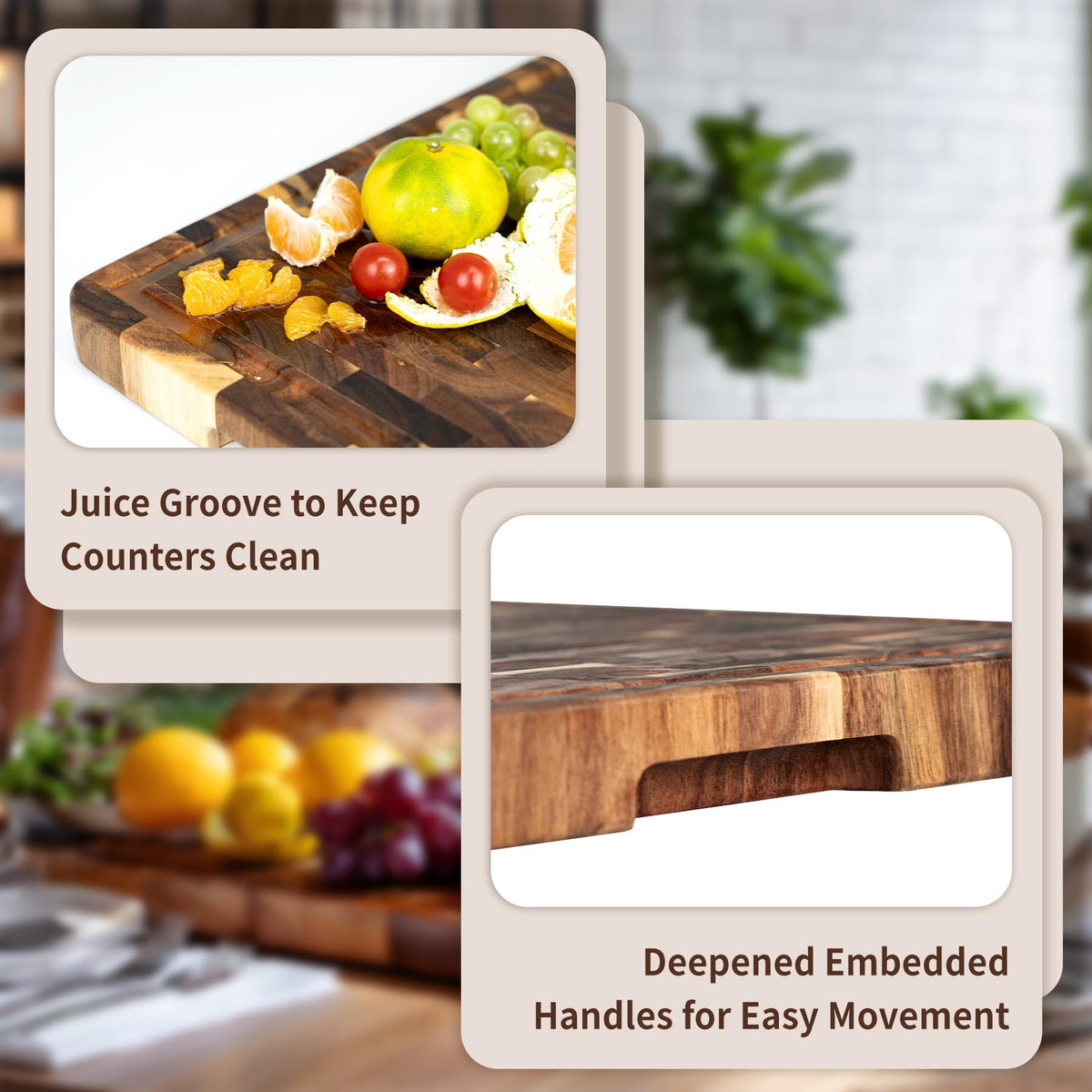 Utoplike Acacia Cutting Board 17" x 12", Wood End Grain Chopping Board with Single-Side Juice Groove and Handles, Reversible Butcher Block for Meat, Vegetables, 1.4" Th