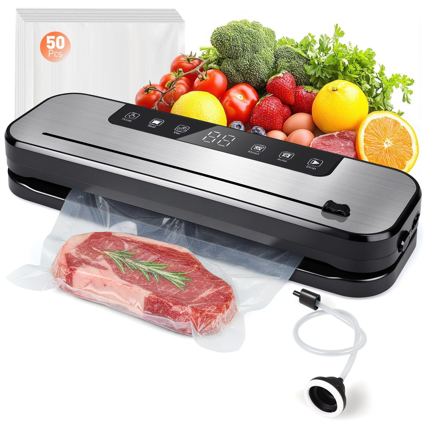 Vacuum Sealer Machine 75kPa Powerful Suction, 6-in-1 Food Vacuum Sealer with Built-in Cutter, Dry & Moist Modes, Stainless Steel Compact Design, Sous Vide Compatible, Includes 50 Vacuum Bags