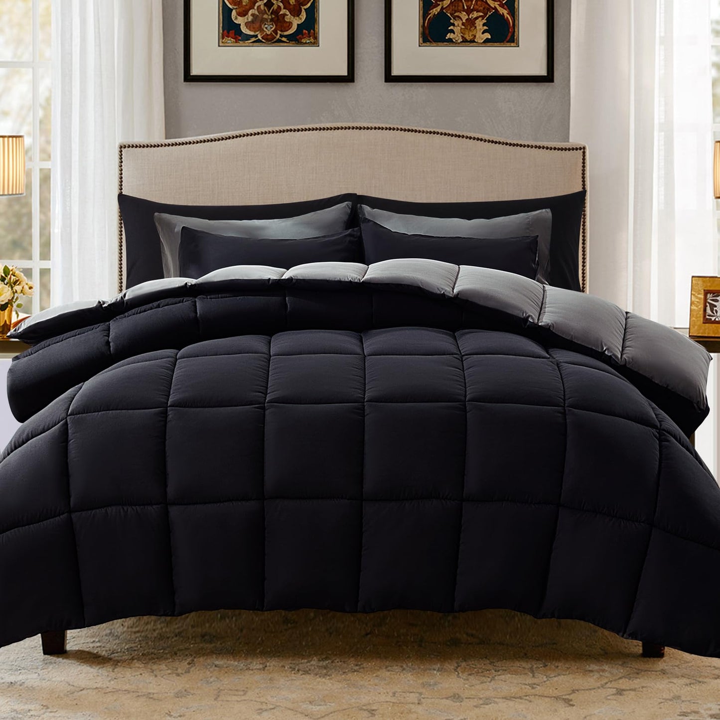 Decroom Lightweight Queen Comforter Set with 2 Pillow Sham - 3 Pieces Set - Quilted Down Alternative Comforter/Duvet Insert for All Season - Black/Grey - Queen Size