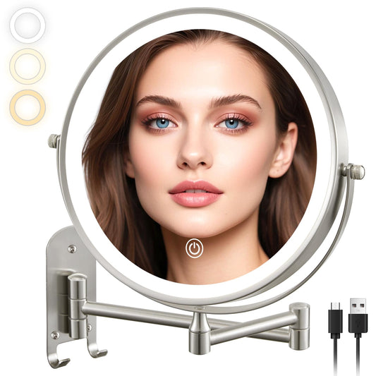 9" Wall Mounted Lighted Makeup Mirror, Rechargeable 1X/15X Magnifying Mirror with Light Double Sided, 3 Color Lights Dimmable 360 Rotation Shaving Light up Mirror with Hook, Nickel