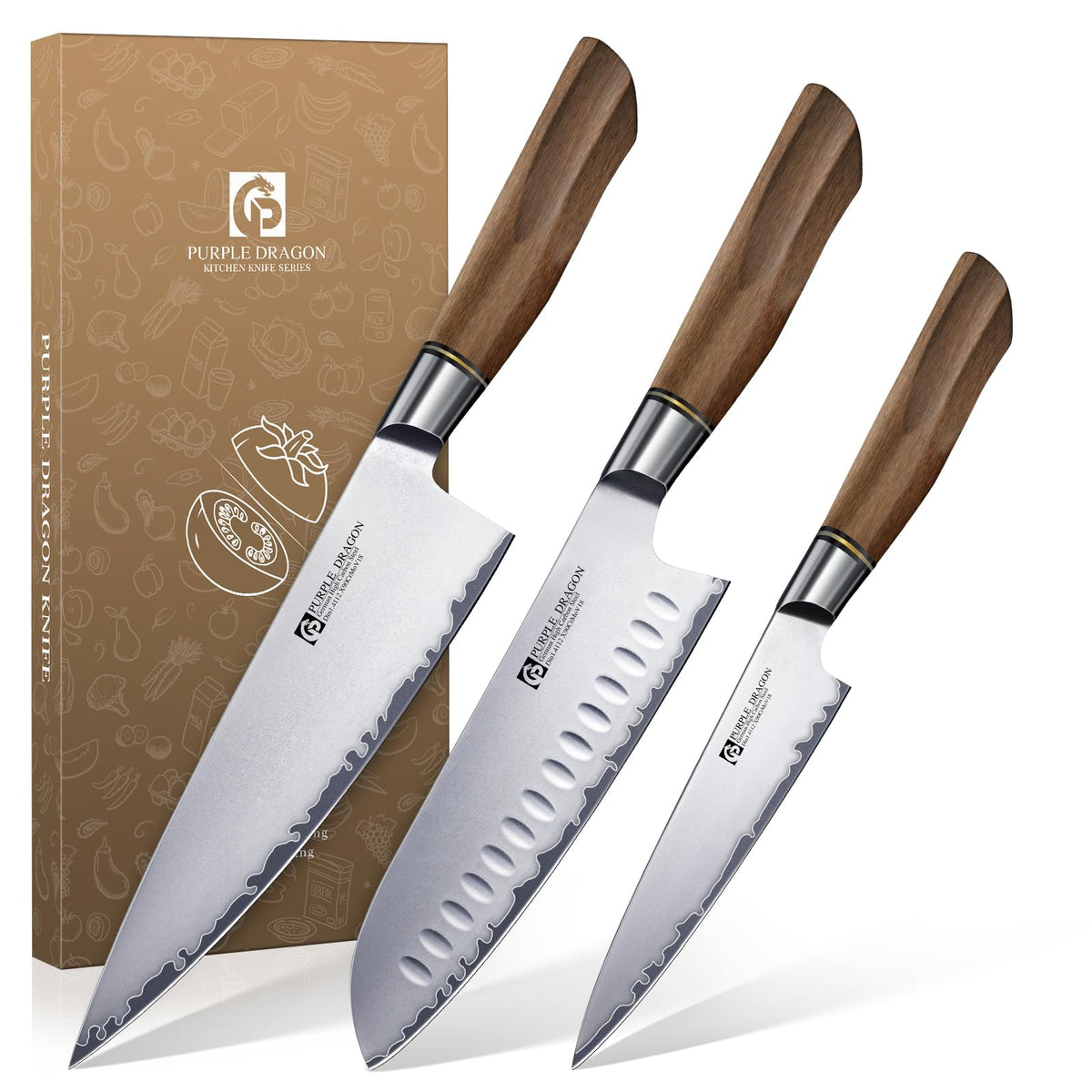 Purple Dragon Knife Set, 3Pcs Kitchen Knives Set, German VG10 Steel Japanese Chef Knife 7.8 Inch Santoku Knife 7 Inch Utility Knife 5.1 Inch, Razor-Sharp Knives with Gift Box