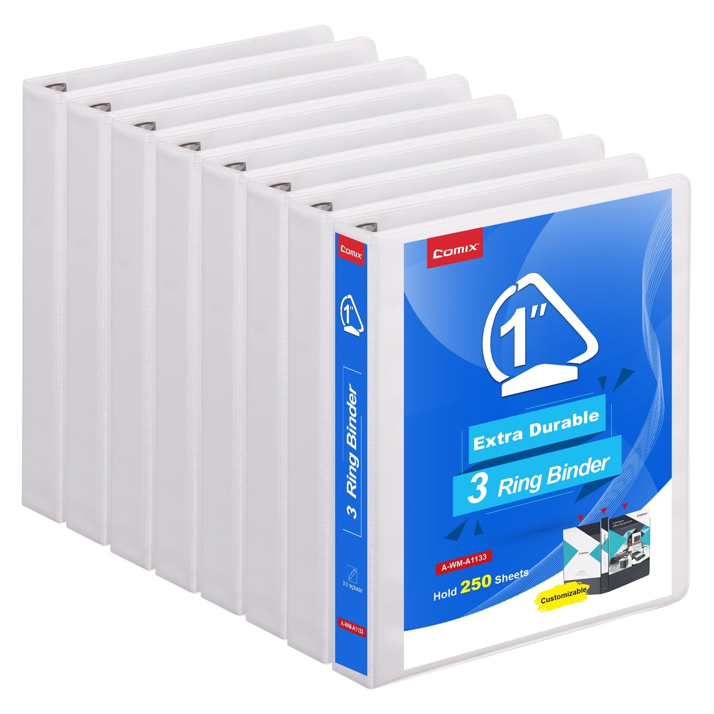 COMIX Heavy Duty Slant-D Ring View Binder, 1 inch 3 Ring Binders, Hold 225 Sheets of 8.5" x 11" Paper, 8 Pack (White)