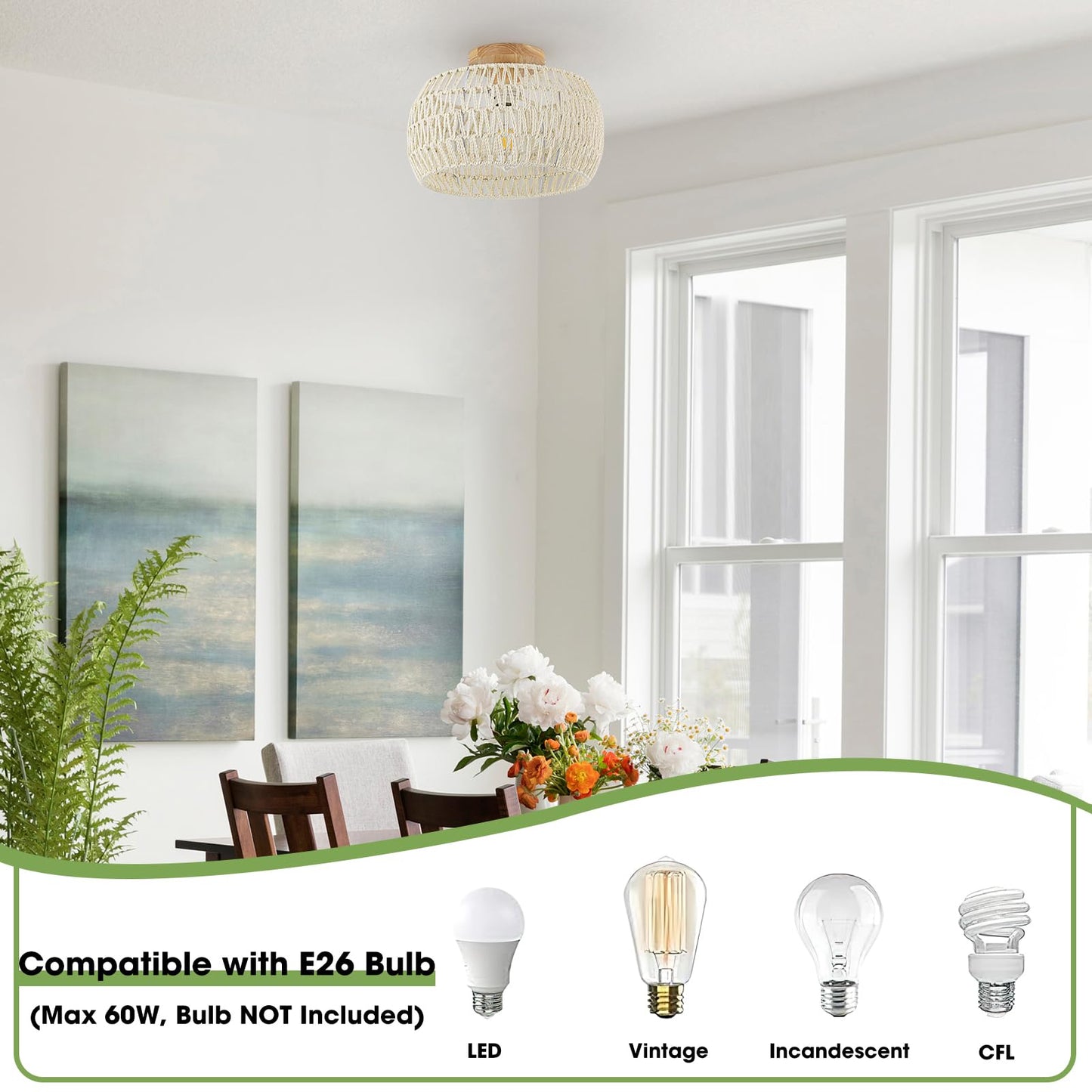Cream White Rattan Light Fixtures,Boho Ceiling Light Chandelier,Rattan Flush Mount Ceiling Light Hand-Woven Lamp Shade Small Chandelier Light for Bedroom Kitchen Entryway Chandelier Nursery Light