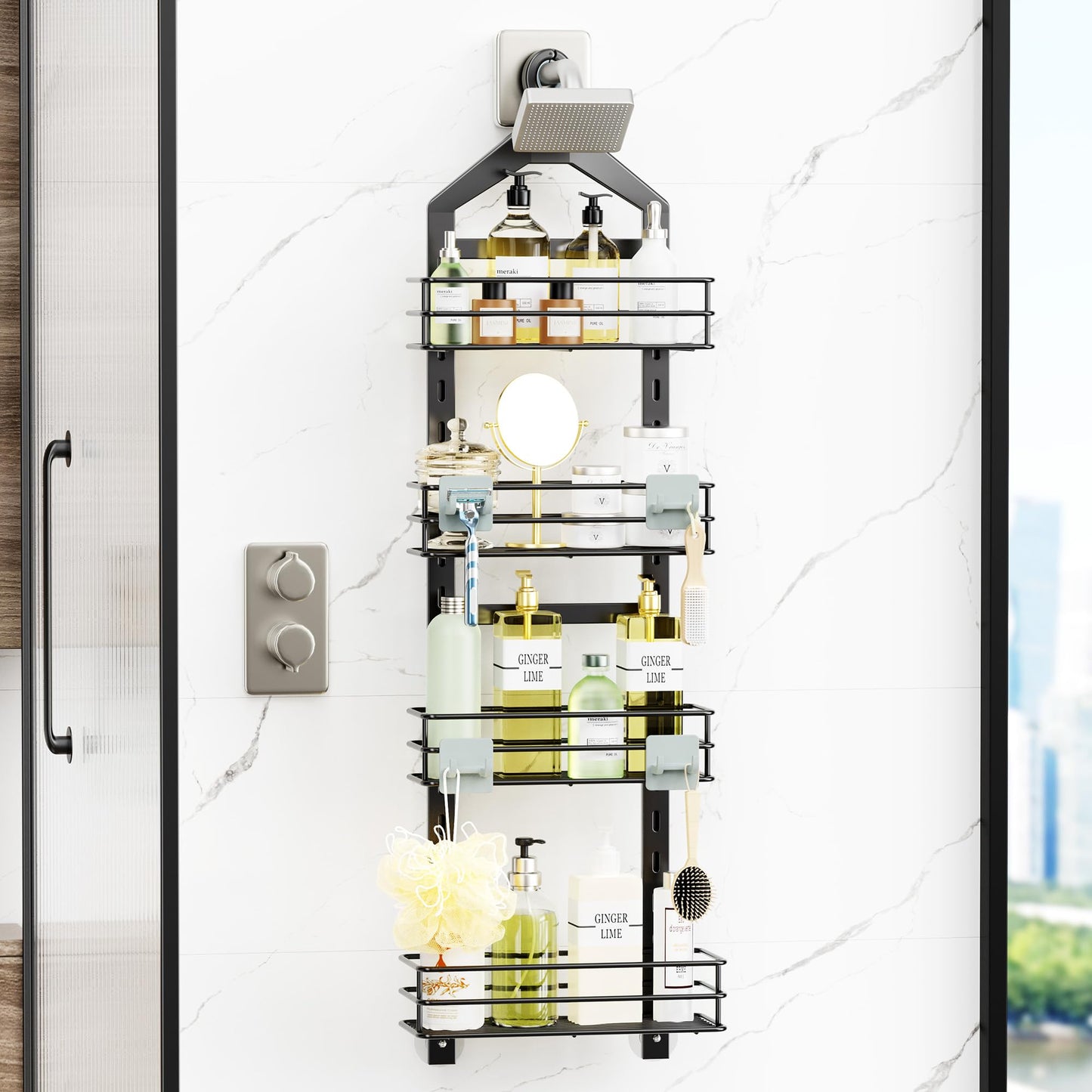 Orimade Adjustable Anti-slip Hanging Shower Caddy over Shower Head,Rustproof Bathroom Hanging shower Organizer with 4 Hooks for Razor,No Drilling Shower shelves Storage Rack,Black 4 Tier