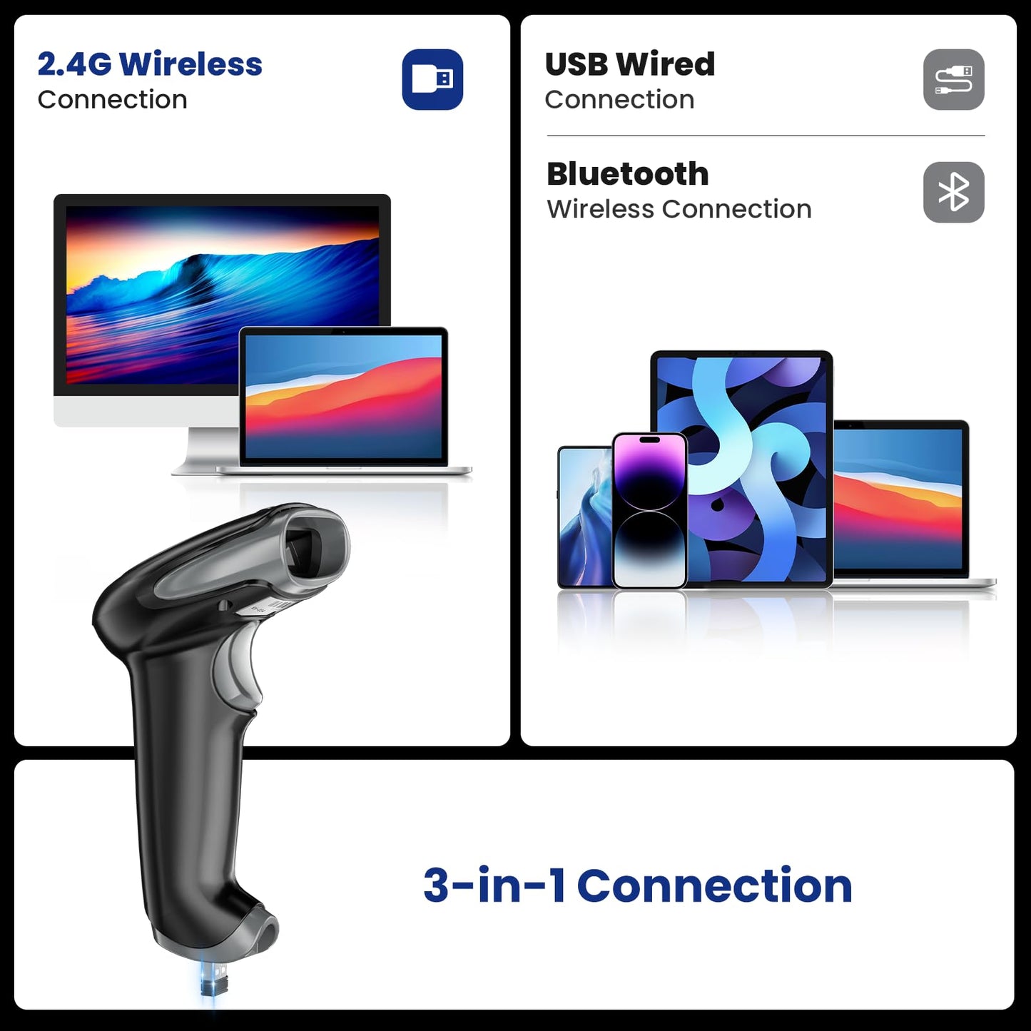 Eyoyo QR Code Scanner, 1D 2D Bluetooth Wireless Barcode Scanner, 3-in1 USB Wired Bar Code Reader with Rechargeable 2500mAh Battery, Handheld Scanner Code Barre for Phone Computer iPhone Tablet MAC