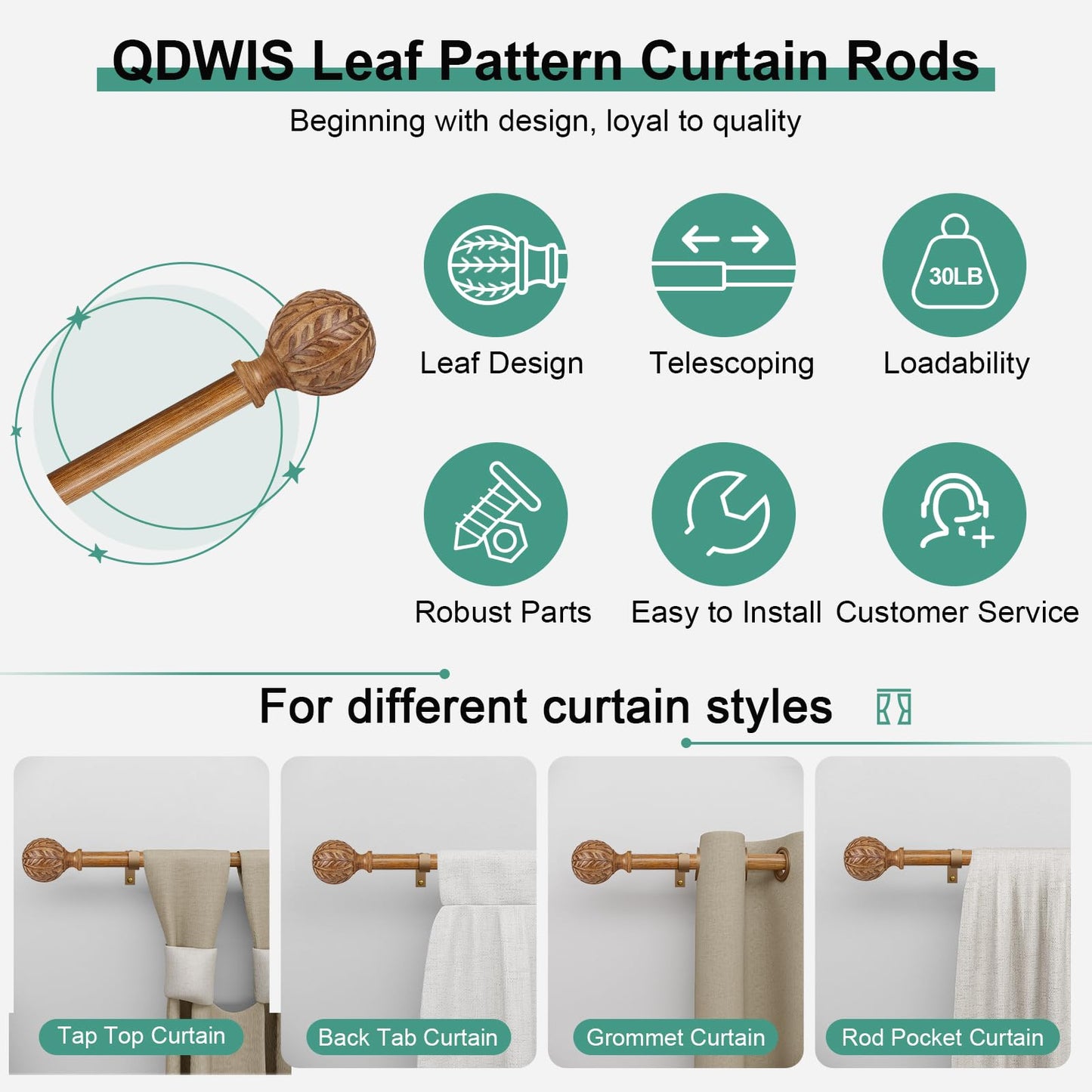 QDWIS Boho Natural Wood Curtain Rods for Windows 66 to 120 inch, 1" Adjustable Heavy Duty Window Curtain Rod with Imitation Wood Grain Finials,Rustic Decorative Drapery Rods Set,Size:36''-120''