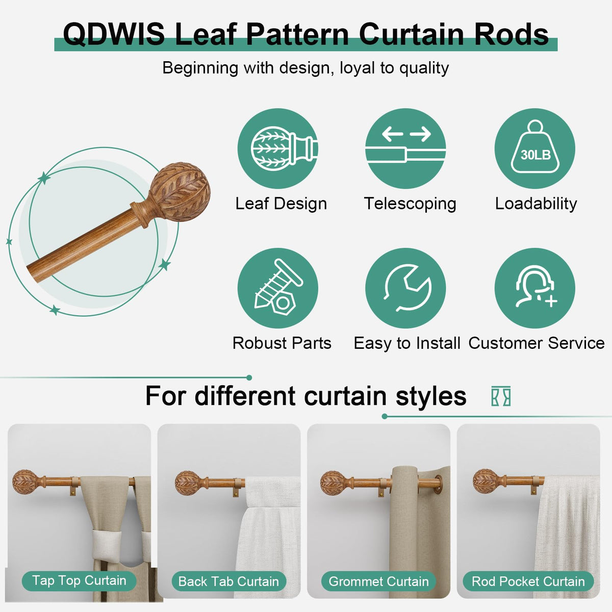 QDWIS Boho Natural Wood Curtain Rods for Windows 72 to 144 inch,1" Adjustable Heavy Duty Window Curtain Rod with Imitation Wood Grain Finials,Rustic Decorative Drapery Rods Set,Size:36-150''
