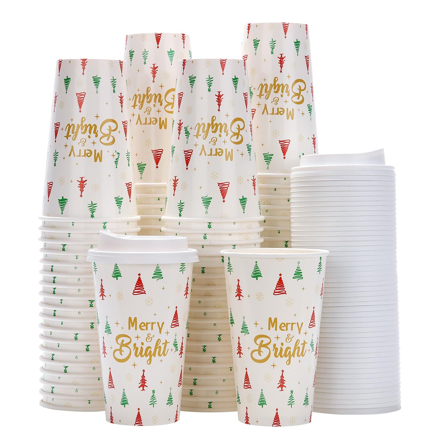 Tamone 100 PACK Christmas Cups 16OZ Disposable Coffee Cups with Lids Leak Proof, Green and Red Christmas Tree Design for Cold/Hot Coffee Beverage Chocolate Cocoa for Home Office
