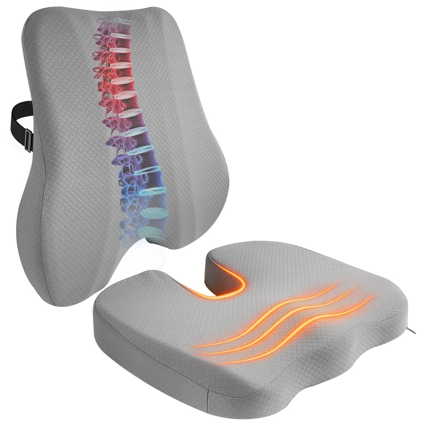 Lumbar Support Pillow Set, Height-Adjustable Upgrade Edition Features an Adjustable Buckle Design with an External Extension Strap for Easy Attachment to Car Seats and Large Chairs（Gray）