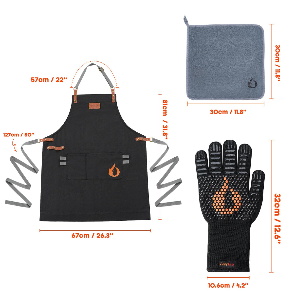 onlyfire Cooking Chef Apron with Pockets, 1472°F Heat Resistant Grill Gloves and Cleaning Cloth for Cooking, Grilling, Barbecue, Smoker, Baking, Frying, Kitchen Tools BBQ Accessories