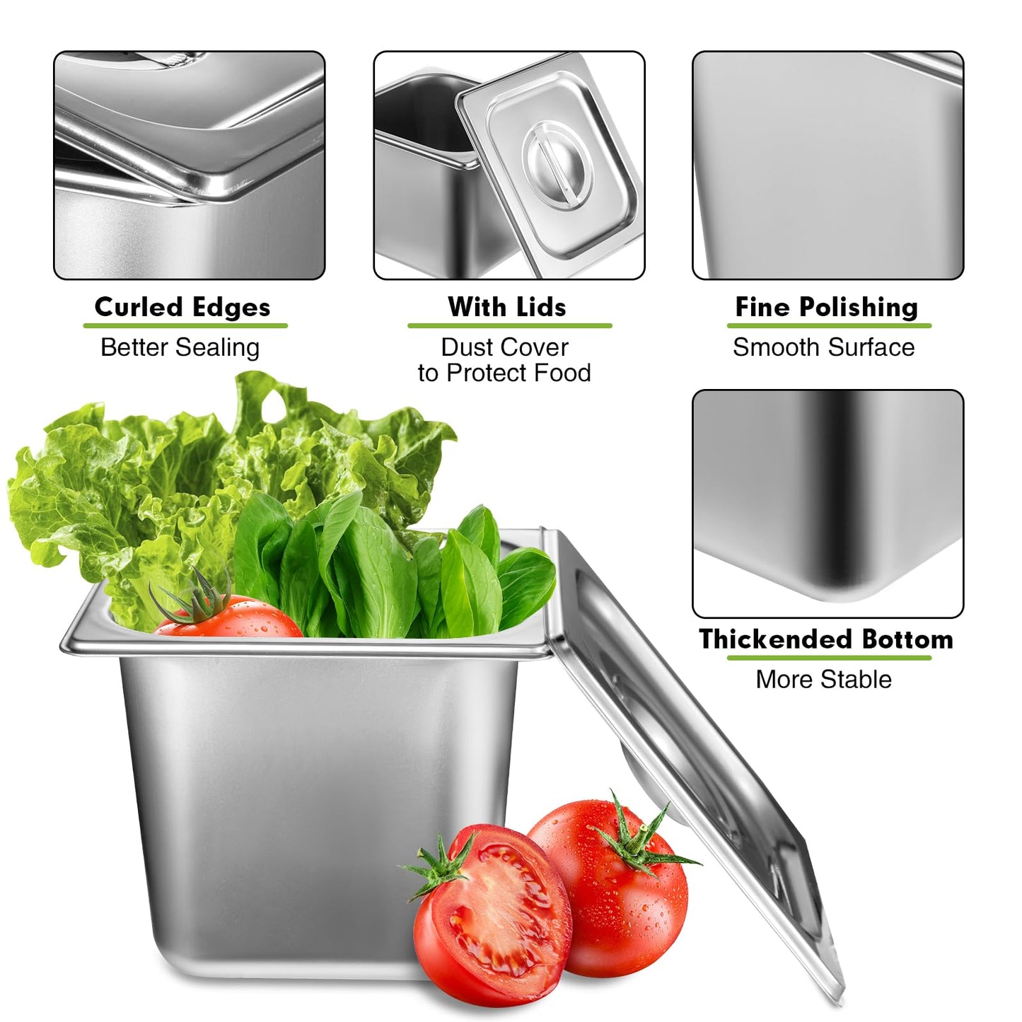 6 Pack Stainless Steel Hotel Pans with Lid 1/6 Size x 6" Deep Steam Table Pan 0.8 mm Thick Commercial Food Storage Containers Anti Jam Pan Stainless Steel Steamer Pan for Hotel Restaurant Buffet