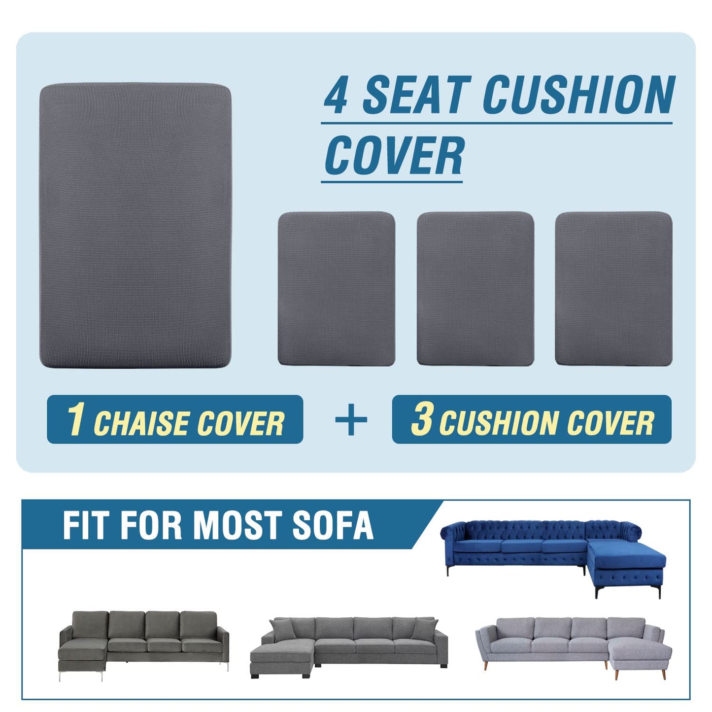 H.VERSAILTEX Sectional Couch Covers 4 Pieces Sofa Seat Cushion Covers L Shape Separate Cushion Couch Chaise Cover for Both Left/Right Sectional Couch (Seat Only: 1 Chaise + 3 Sofa, Grey)
