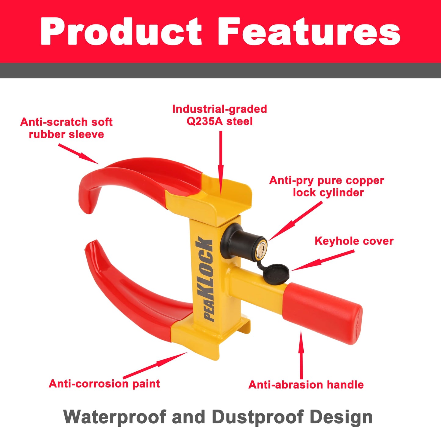 PEAKLOCK Universal Heavy-Duty Wheel Lock – Bright Red-Yellow Anti-Theft Security Clamp Tire Lock for Cars, SUVs, Campers, Motorcycles, and Trailers, Includes 3 Keys