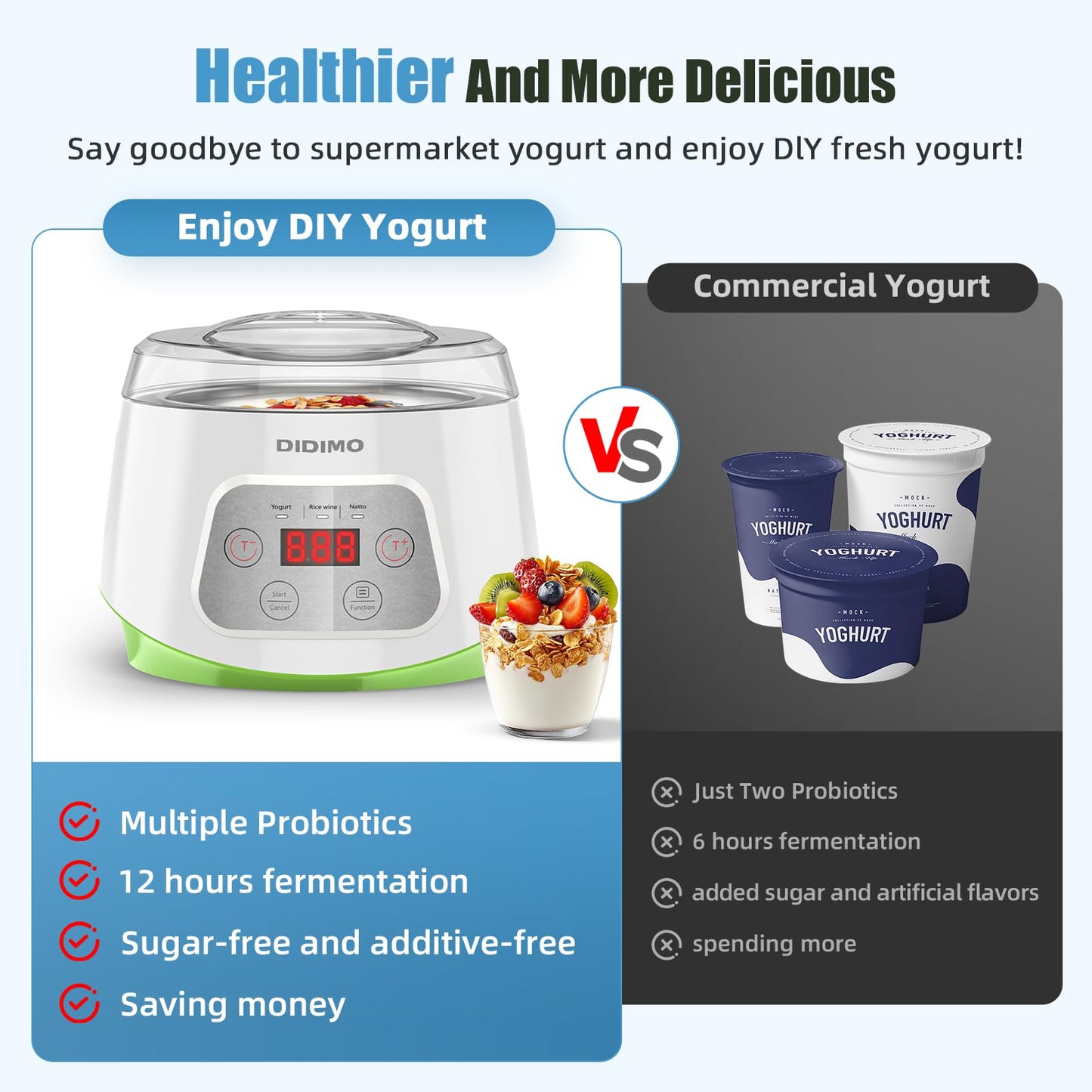 DiDimo Yogurt Maker, 1.3L Yogurt Maker Machine with Stainless Steel Bowl, Electric Greek Yogurt Machine for Natto, Rice Wine, Timer, Constant Temp, Homemade Yogurt Container for Home Kitchen