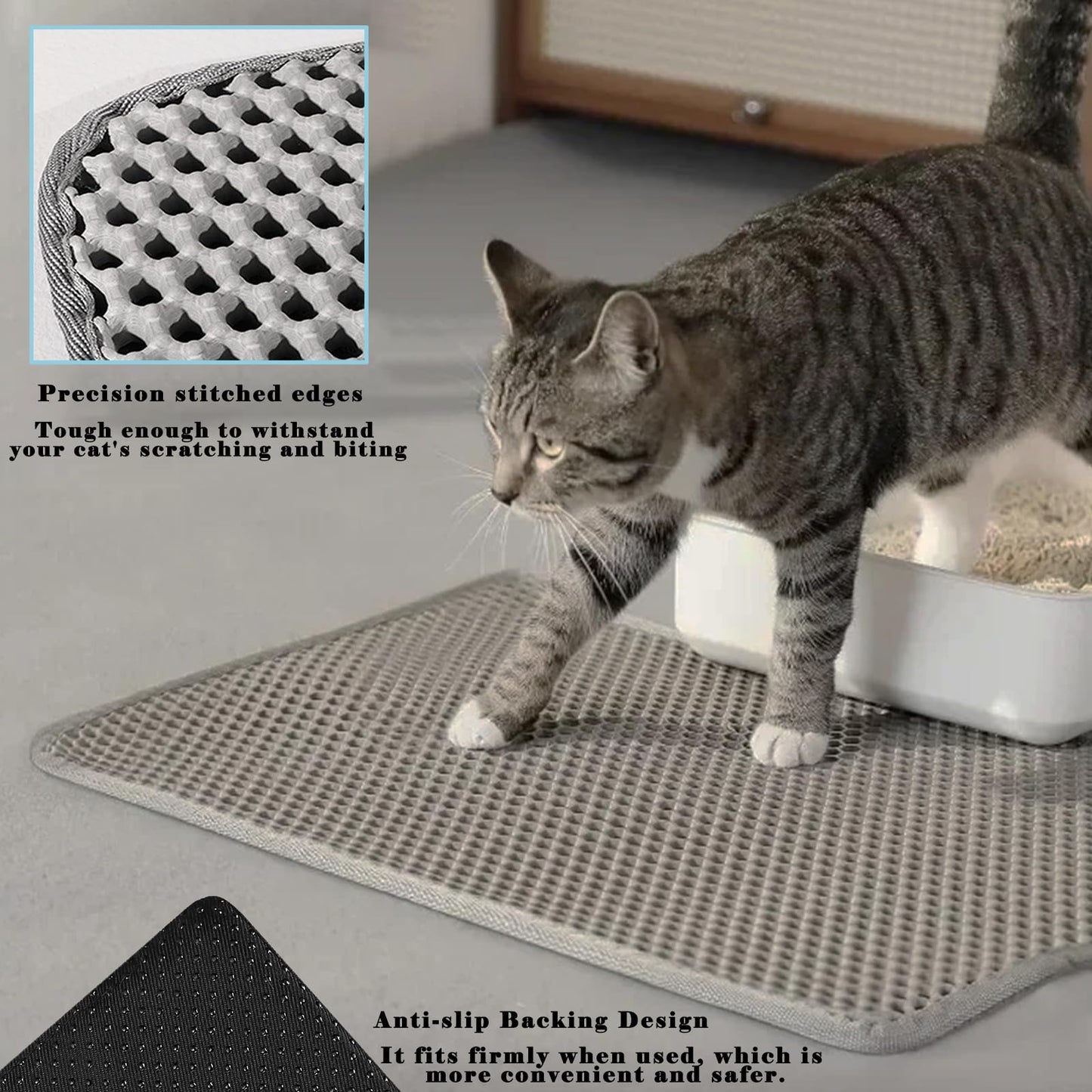 HCY&WLD Cat Litter Mat, Honeycomb Double Layer Cat Litter Trapping Mat, Waterproof Urine Proof Non-Slip, Scatter Control, Less Waste, Easier to Clean (Light Gray, 45" X 26")
