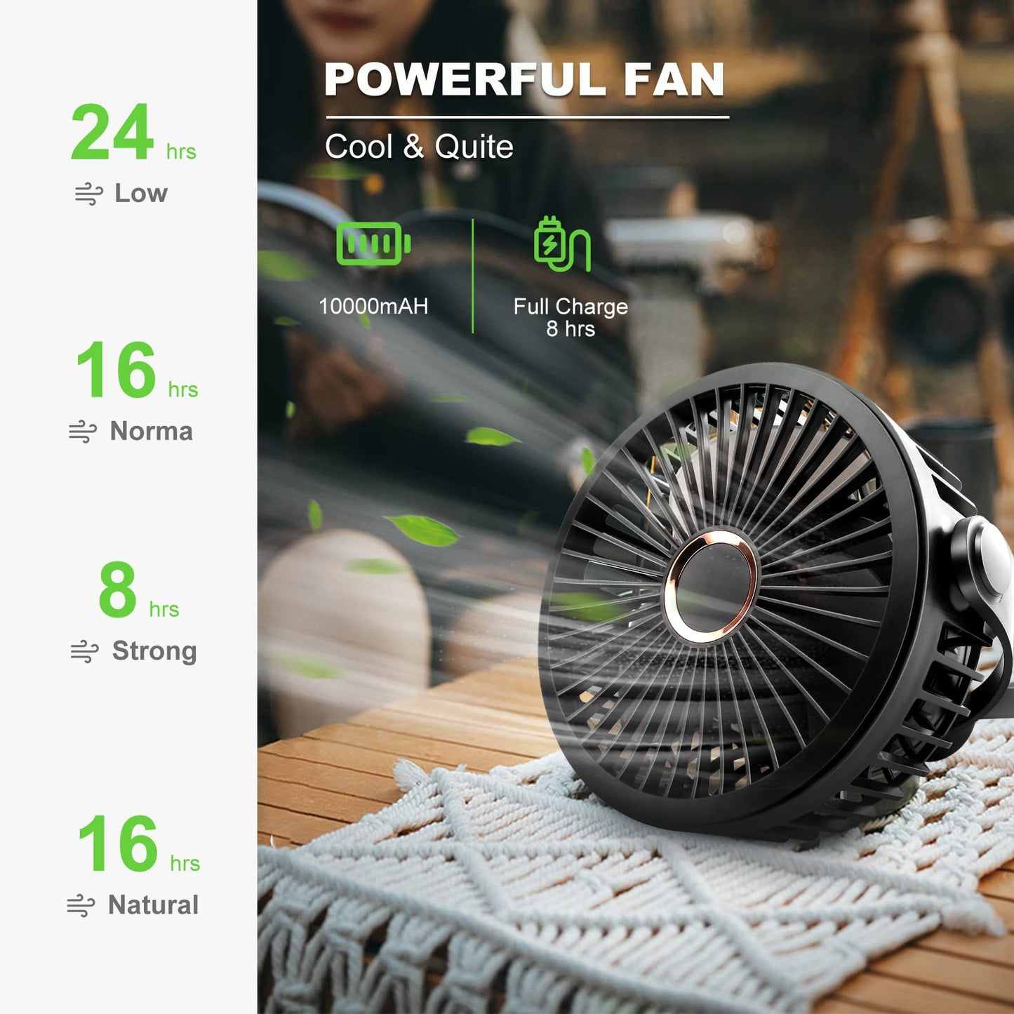 Odoland 10000mAh Camping Fan with Hanging Hook, Rechargeable Outdoor Small Tent Fan, Portable Quiet Battery Powered Operated USB Desk Fan for Camping, Hiking, Picnic and Travel
