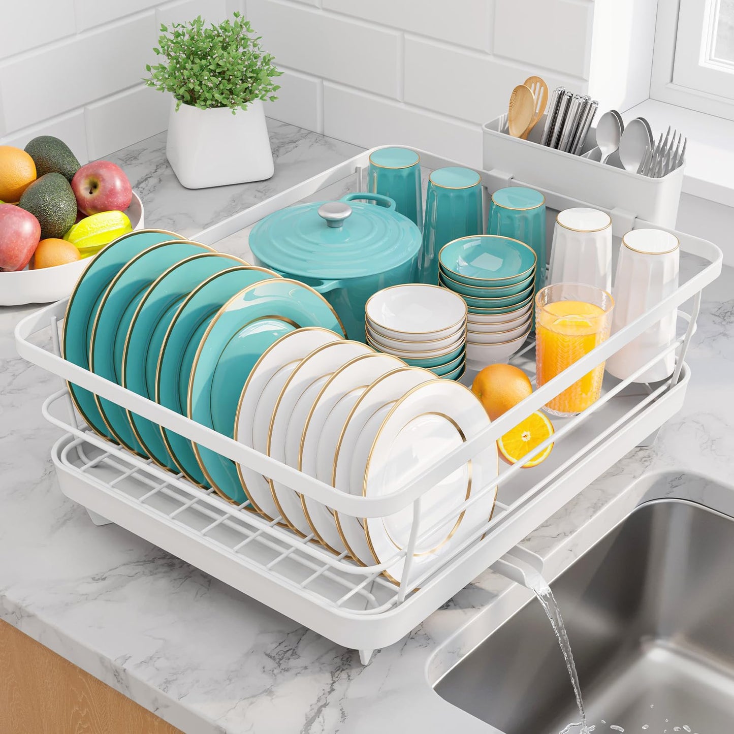 Sakugi Dish Drying Rack - Compact Dish Racks with Drain Board for Kitchen Counter, Durable Stainless Steel Dish Rack Used in Sink & on Countertop, White, Large