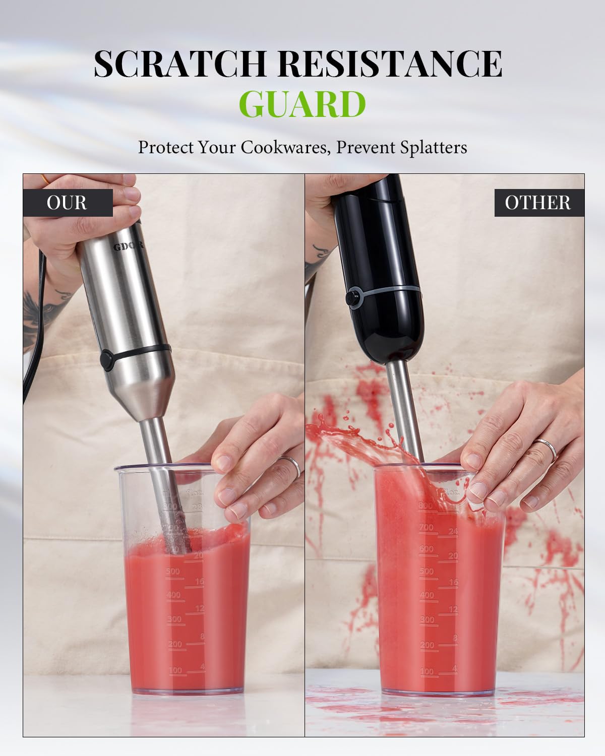 GDOR Hand Blender 1000W, 6-in-1 Immersion Blender Handheld with 20 Speed and Turbo Mode, With Dough Hooks, Egg Beaters, Whisk, 800ml Beaker, 600ml Chopper, BPA Free