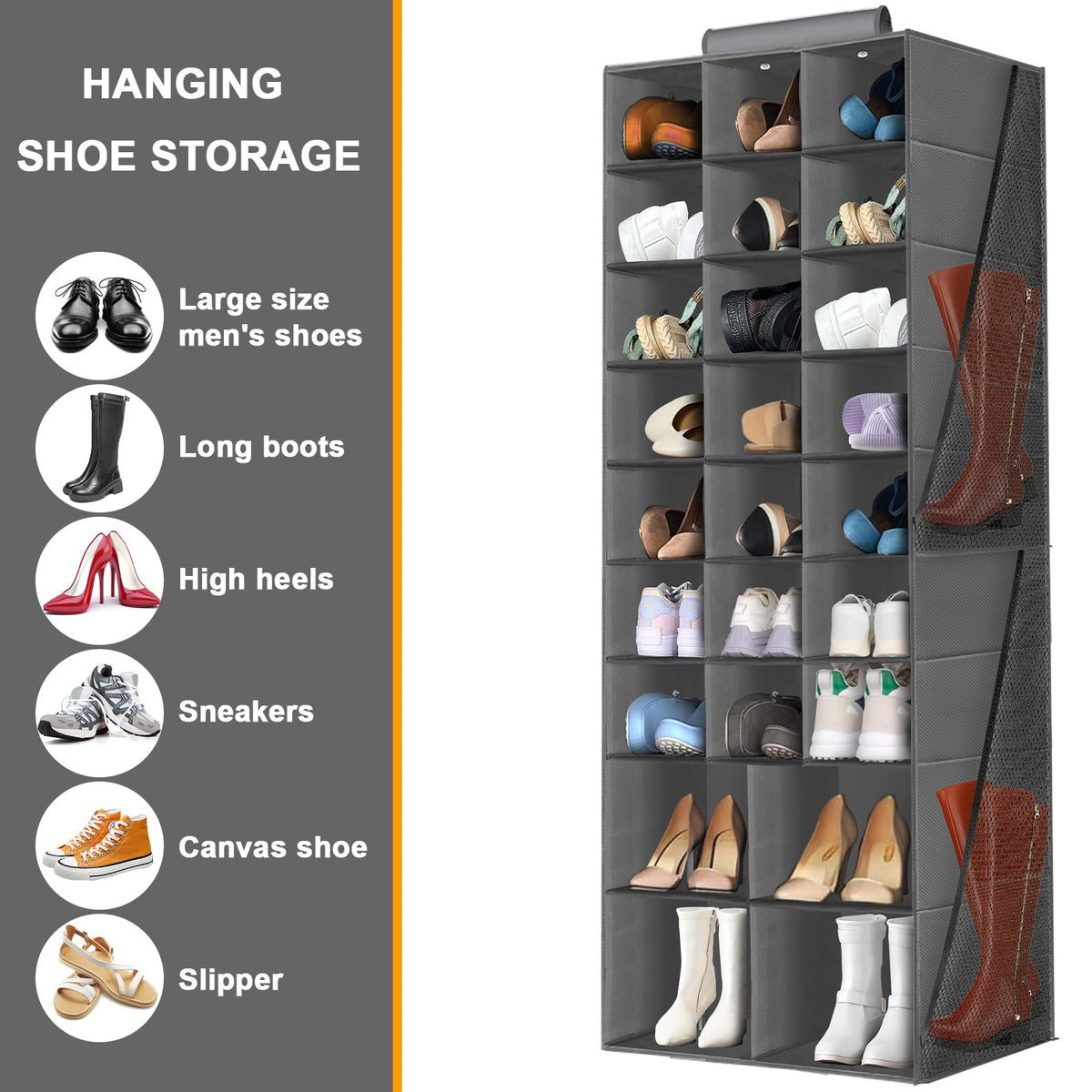 Hanging Shoe Organizer for Closet, Hanging Shoe Storage Rack Holder Shelves,Collapsible Shoe Closet Organizers and Storage with 4 Large Side Pockets,25 Sections for Shoes,Hats,Clothes(Gray)