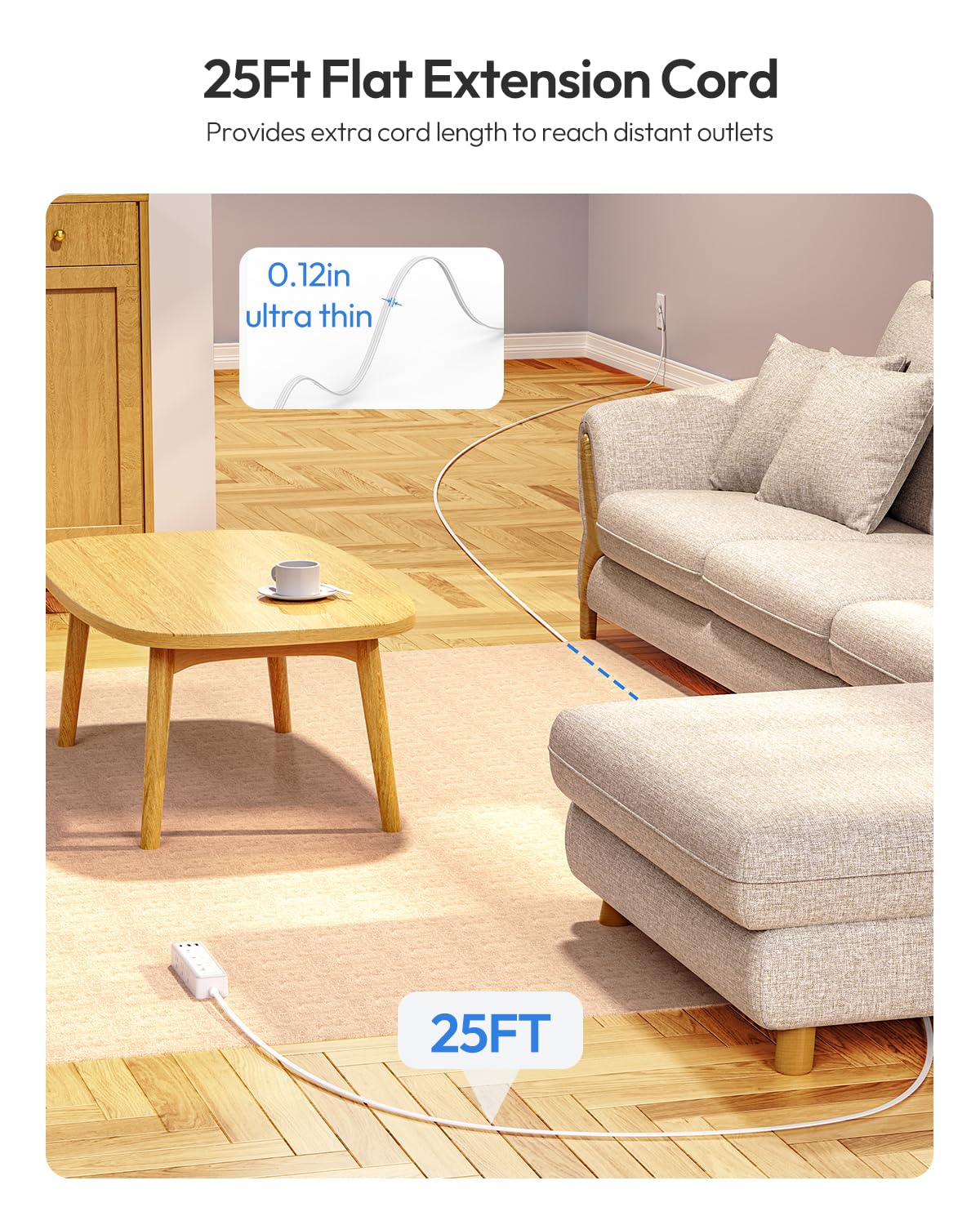 Flat Extension Cord 25 FT-NTONPOWER Surge Protector Power Bar with 9 Widely Outlets 3 USB (1 USB C), 1080J,Long Extension Cord with Multiple Outlets, 3 Side Extender, Mounted, for Home Office,White