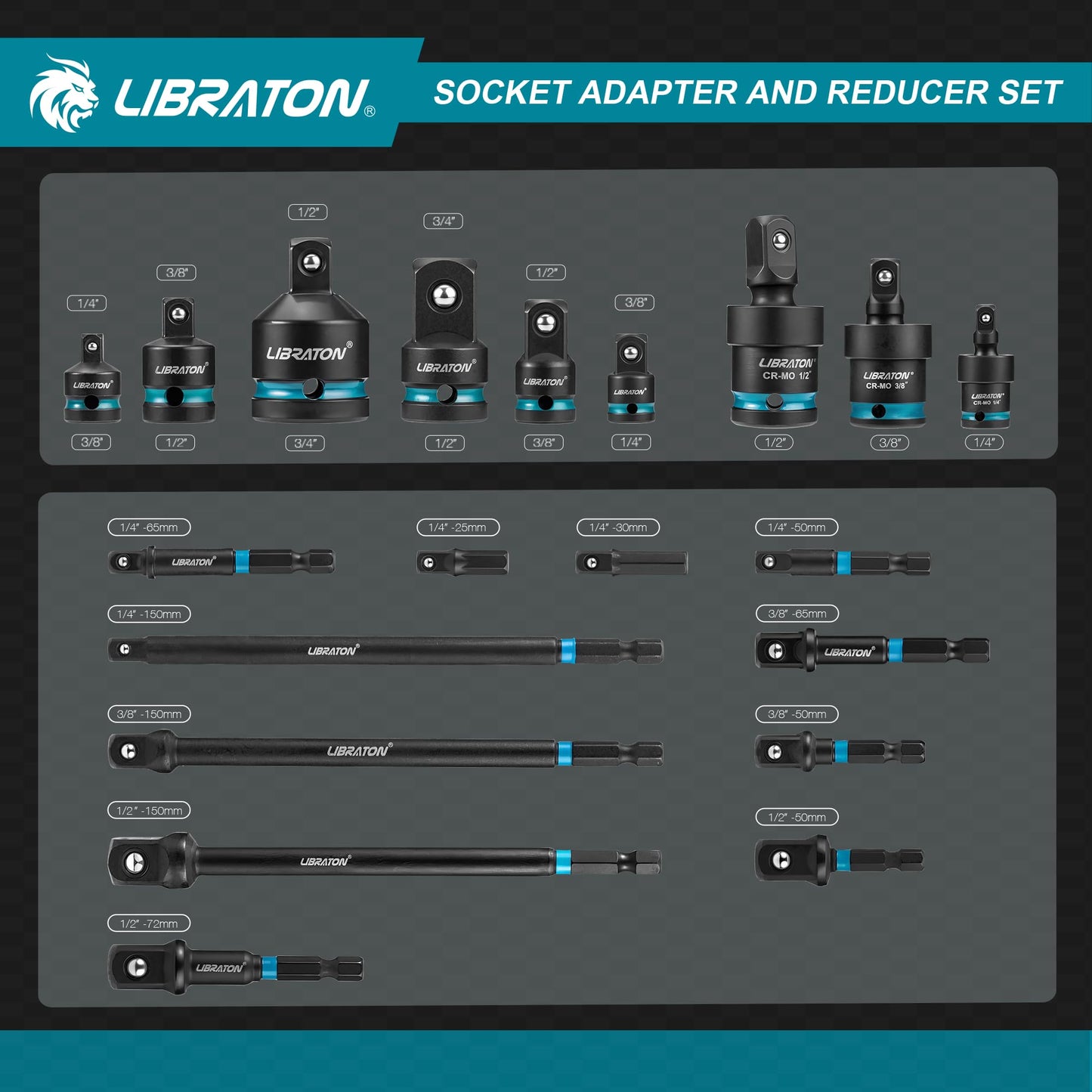 LIBRATON 20PCS Socket Adapter and Reducer Set, Impact Socket Adapters, Includes Cr-V Reducers, Cr-Mo Universal Joints, Cr-V Socket Adapter Extension, XPE Foam, for Automotive Repair DIY Project
