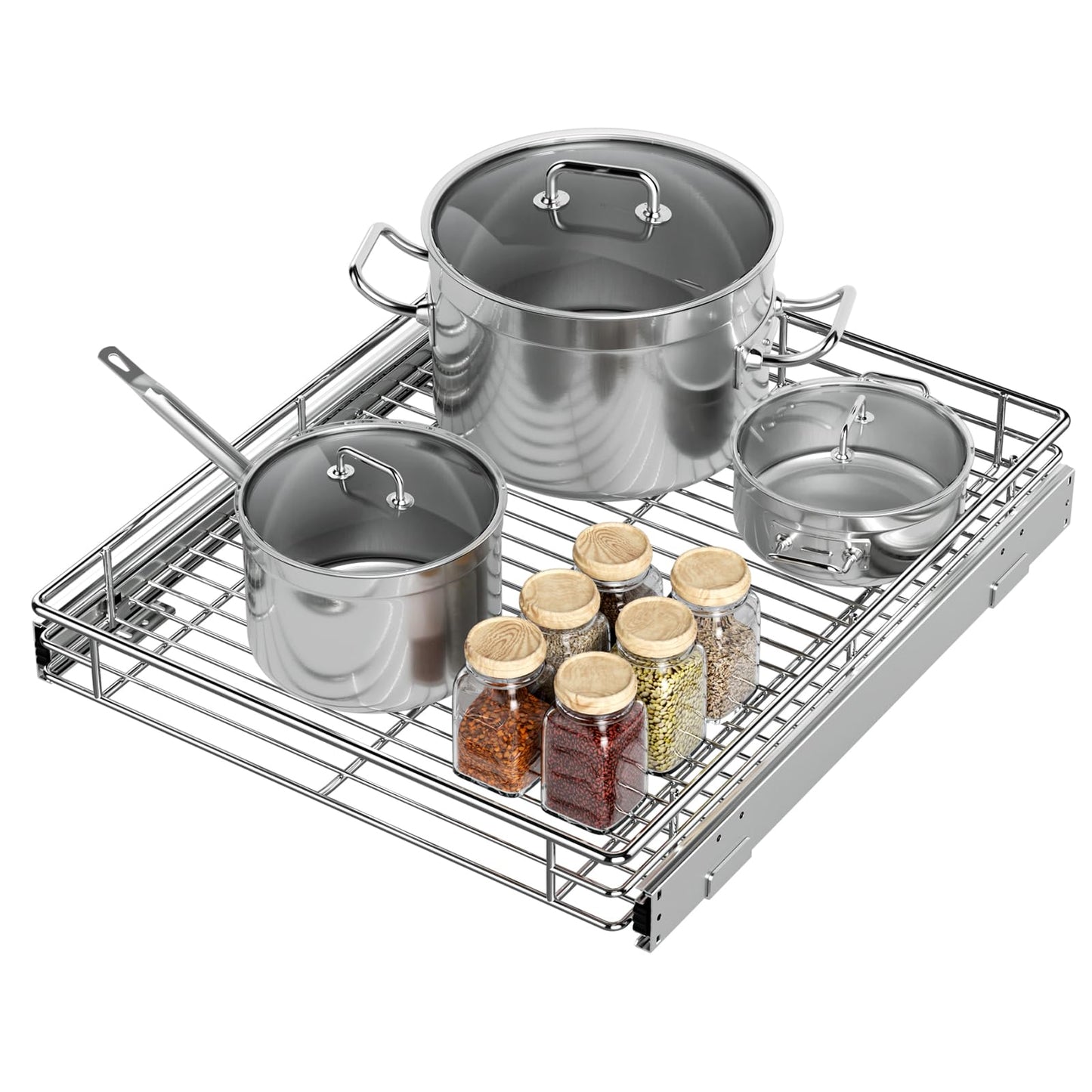 Pull Out Cabinet Organizer, Versatile Slide Out Kitchen Organizers and Storage, Heavy Duty Drawer Cupboard Storage Basket, Smooth Sliding, Chrome Finish (Outside Dimensions: 17.8”W x 21”D)
