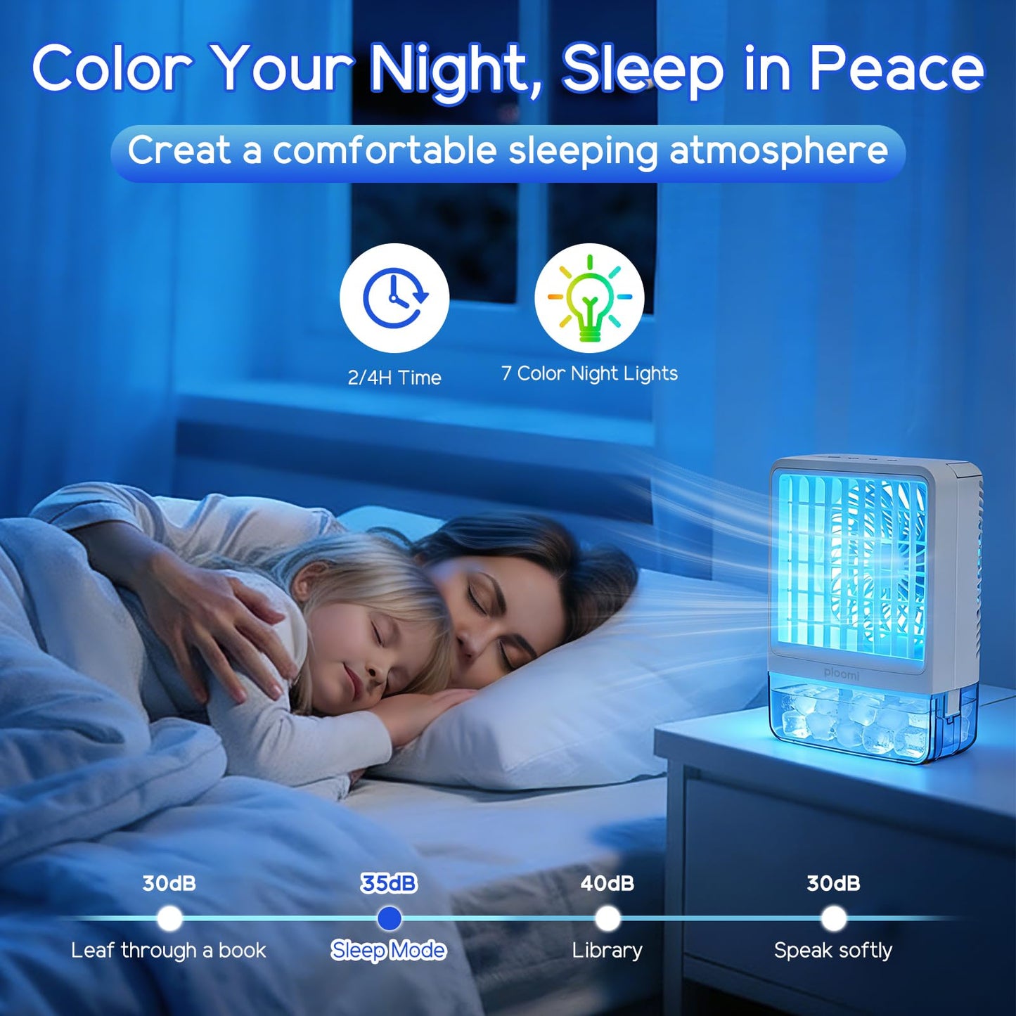 Ploomi Evaporative Air Cooler Fan, 4-in-1 Portable Personal Mini AC with Humidifier & 7 Color LED Night Light, 3 Speeds & 3 Mist Modes, USB Powered, for Bedroom Office Desk Camping Tent