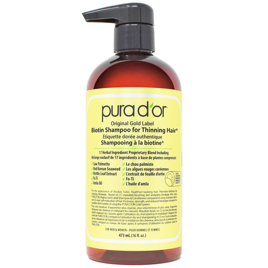 PURA D'OR Original Gold Label Biotin Shampoo for Women & Men with Thinning Hair 473 mL (16 fl oz) Natural Earthy Scent, Herbal Hair Thickening Formula, For Color Treated Hair