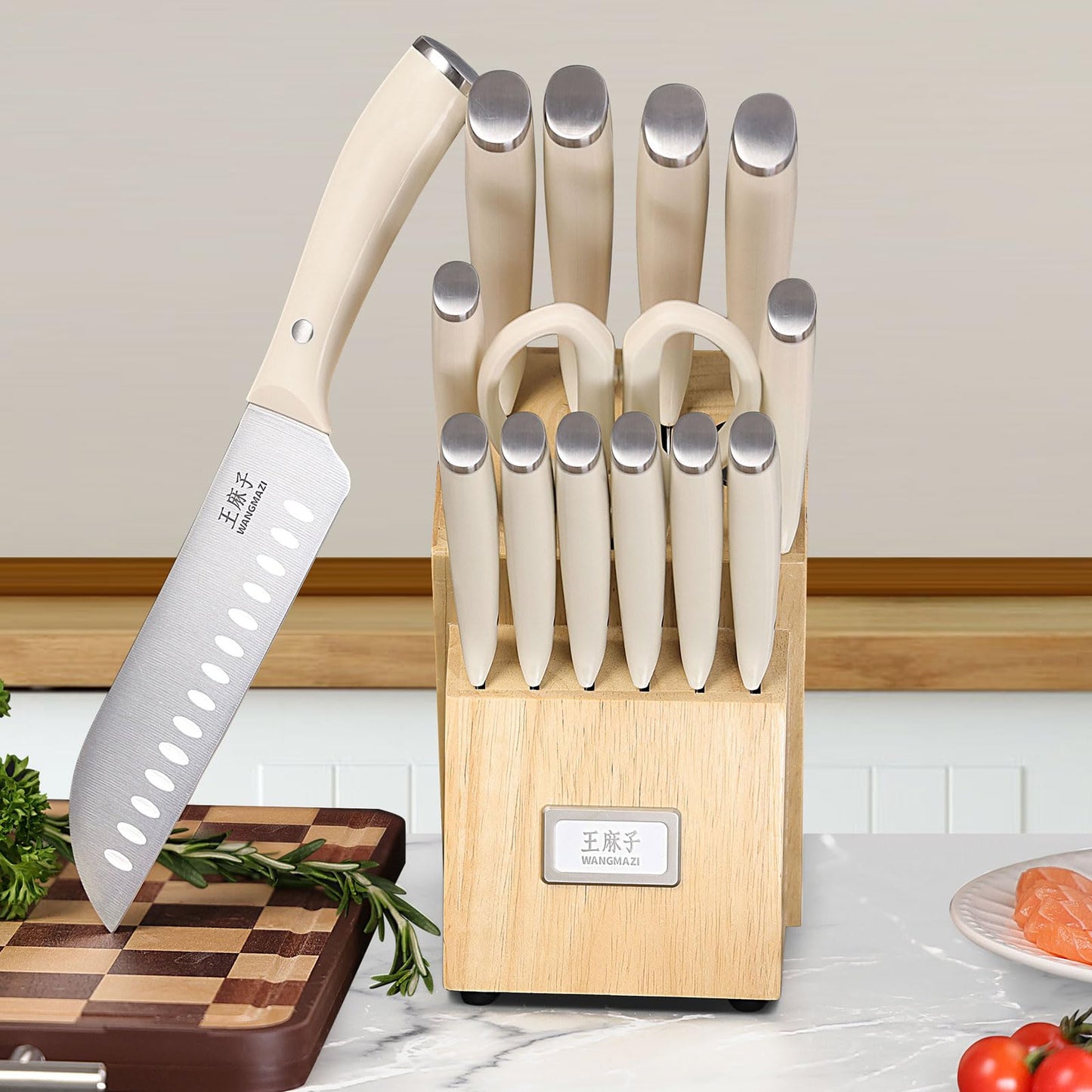Professional Kitchen Knife Set, Chef Knife Block Set German Stainless Steel Razor-Sharp Blade, Ergonomic Comfortable Handle,Hundreds of Years of Masterful Craftsmanship(Natural,15PCS)