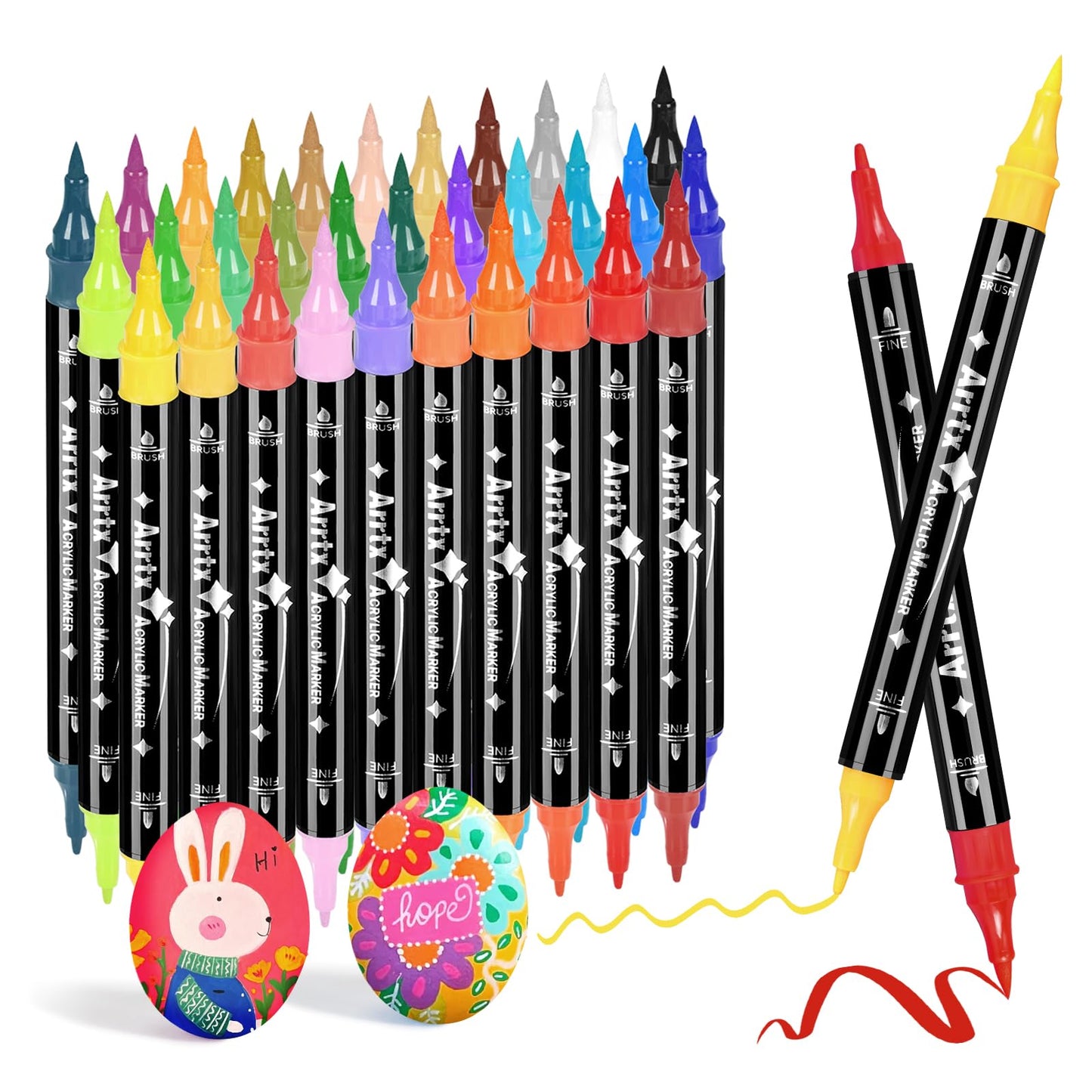 Arrtx Acrylic Paint Pens, 32 Colors Dual Tip (Brush & Fine) for Rock Painting, Fabric, Wood, Plastic, Canvas, Easter Eggs