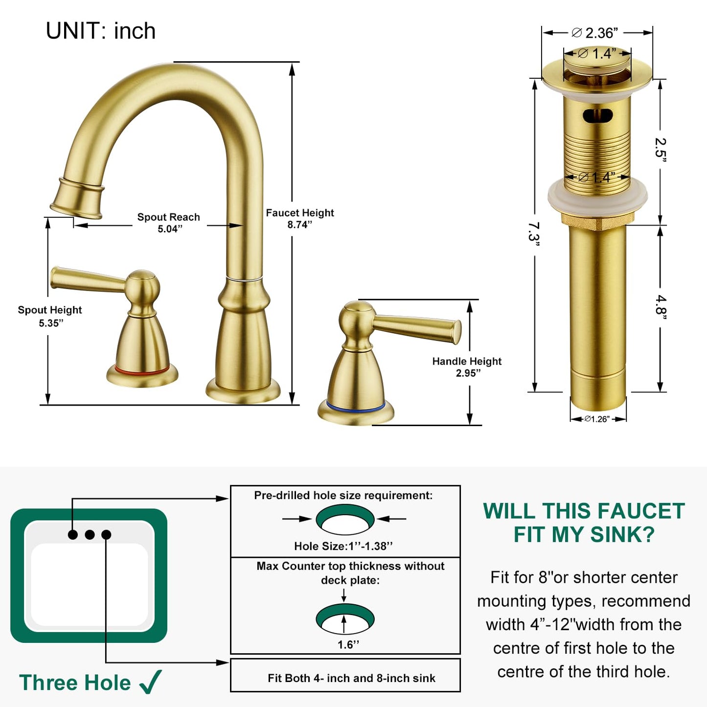 CREA Bathroom Sink Faucet, 2-Handle 3 Hole Bathroom Sink Faucet, Fit for 4inch and 8inch Sink with Pop UP Drain Stopper, Brushed Gold