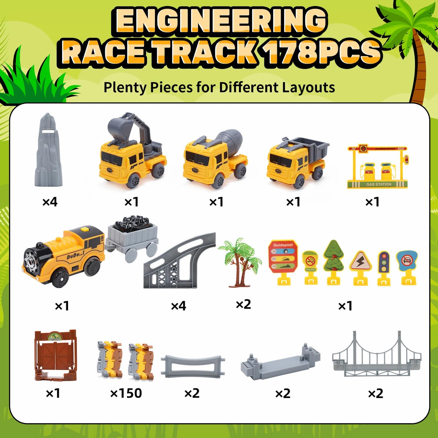 Construction Toys Race Track Set 178 PCS for Kids, Flexible Train Tracks with 1 Electric Train, Excavator,Cement Truck,Loading Truck Engineering Vehicle Playset,Gifts for 3 4 5 6 Year Old Boys Girls