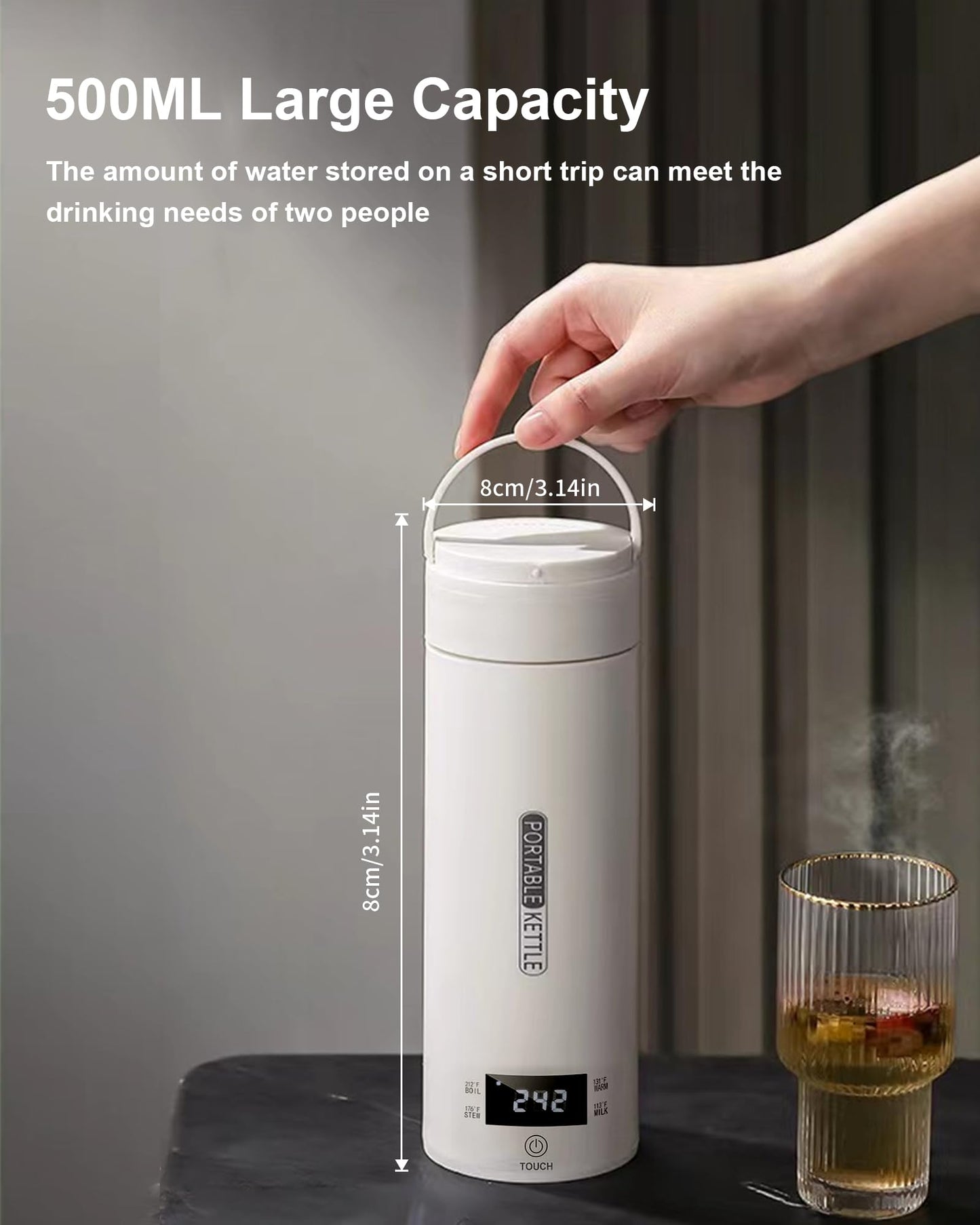 VICBINLY Travel Electric Tea Kettle, 450ml Portable Kettle, Mini Tea Kettle, One Cup Hot Water Boiler Mini Kettle Automatic Shut Off, Temperature Control, White TKB03