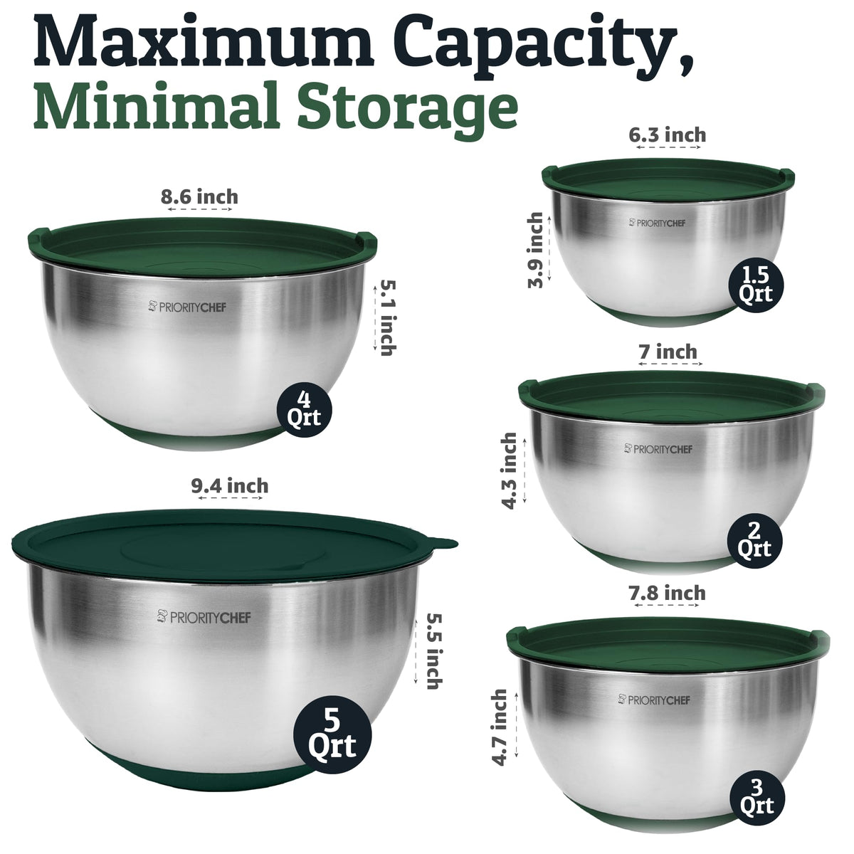 Priority Chef Stainless Steel Mixing Bowls with Lids Set, 3 Grater Attachments, Airtight Lids, Non-Slip Silicone Base Mixing Bowl Set, Large Prep Metal Mixing Bowls for Kitchen, Parent (Green)