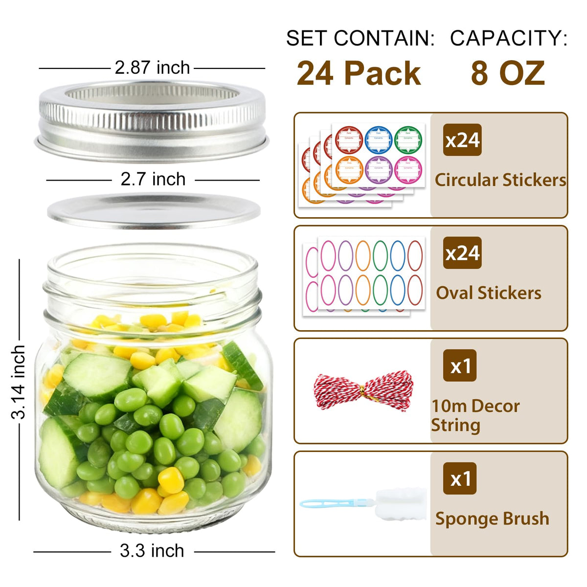 HINGWAN 24 Pack 8 Oz Mason Jars with Lids, Regular Mouth Glass Canning Jars for Storage, Jam, Honey, Jelly, Pickles, Wedding Favors, DIY Candles & Crafts