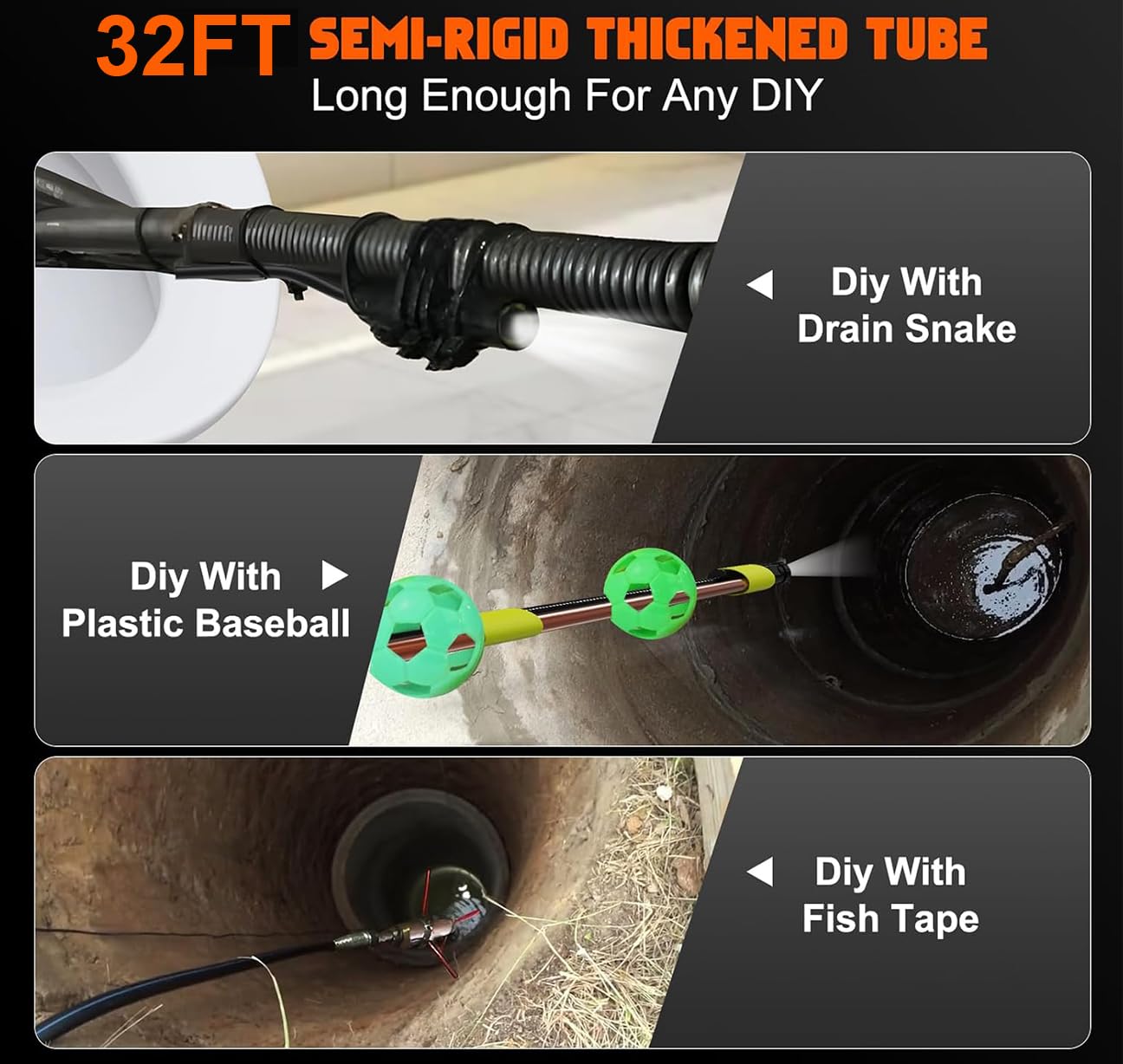 Triple Lens Inspection Camera 32FT, 5'' IPS Screen 1080P HD 8mm Endoscope Inspection Camera with Lights, Waterproof Drainage Borescope for Sewer Pipe Plumbing Snake Semi-Rigid Cable