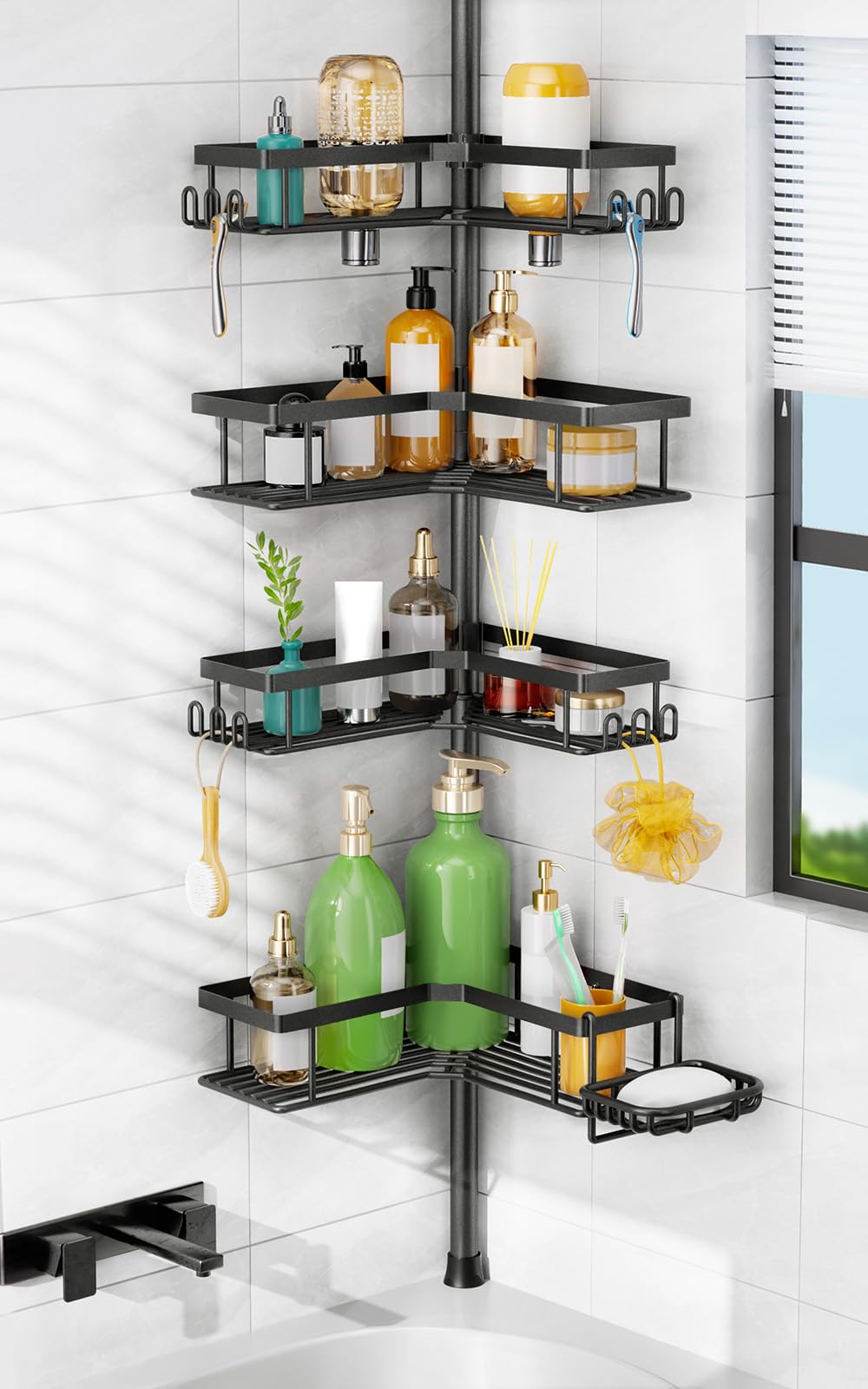 HAMITOR Corner Shower Caddy Tension Pole: Sturdy Stainless Steel Shower Organizer - 4-Tier Adjustable Large-Capacity Shower Shelf- No Drill Bathroom Organizers For Small Bathrooms - 47-121inch