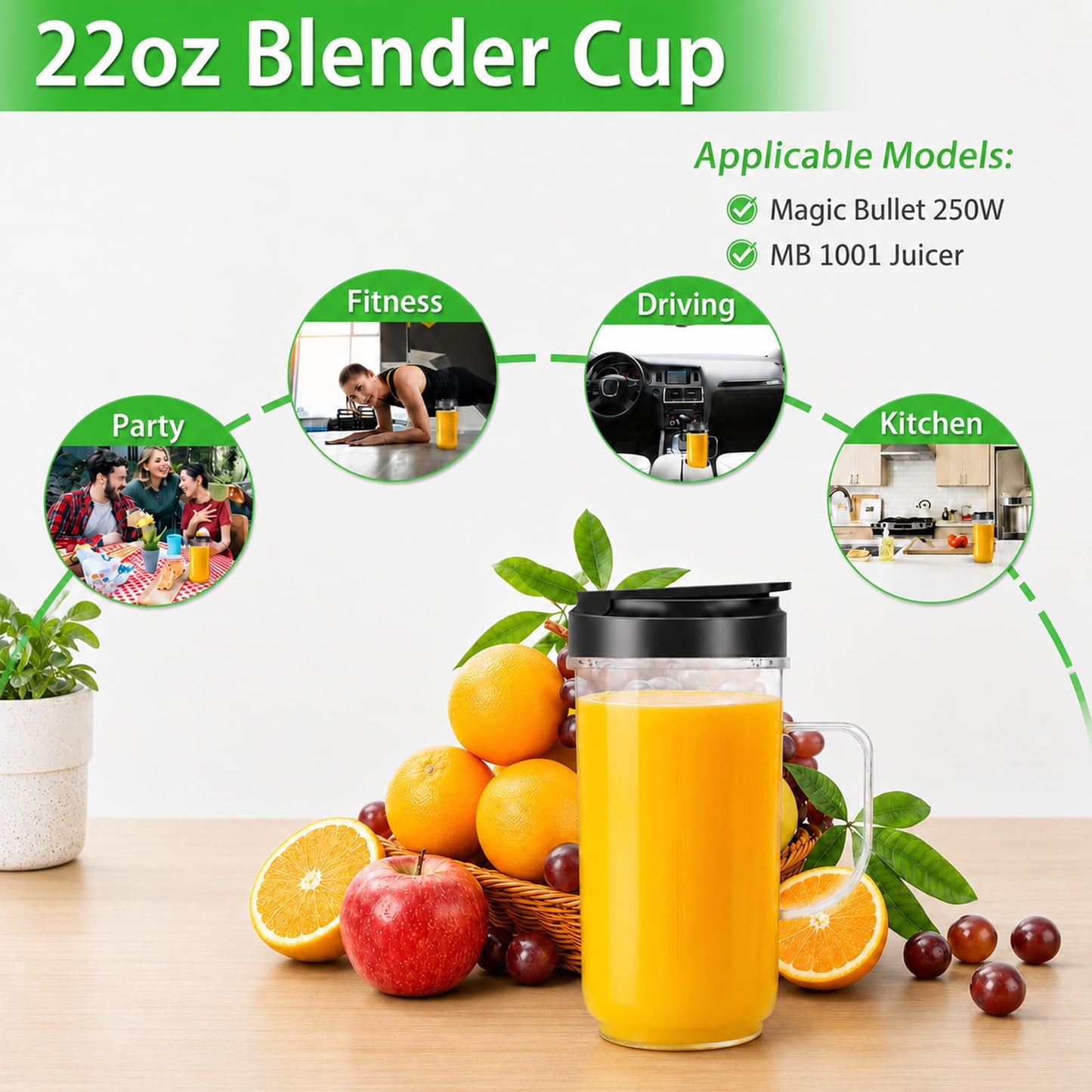 22oz Cups and Blade Compatible with Magic Bullet Blender, Tall 22oz Cup with Flip Top to-Go Lid Replacement Parts Compatible with Magic Bullet 250w MB1001 Juicer Mixer