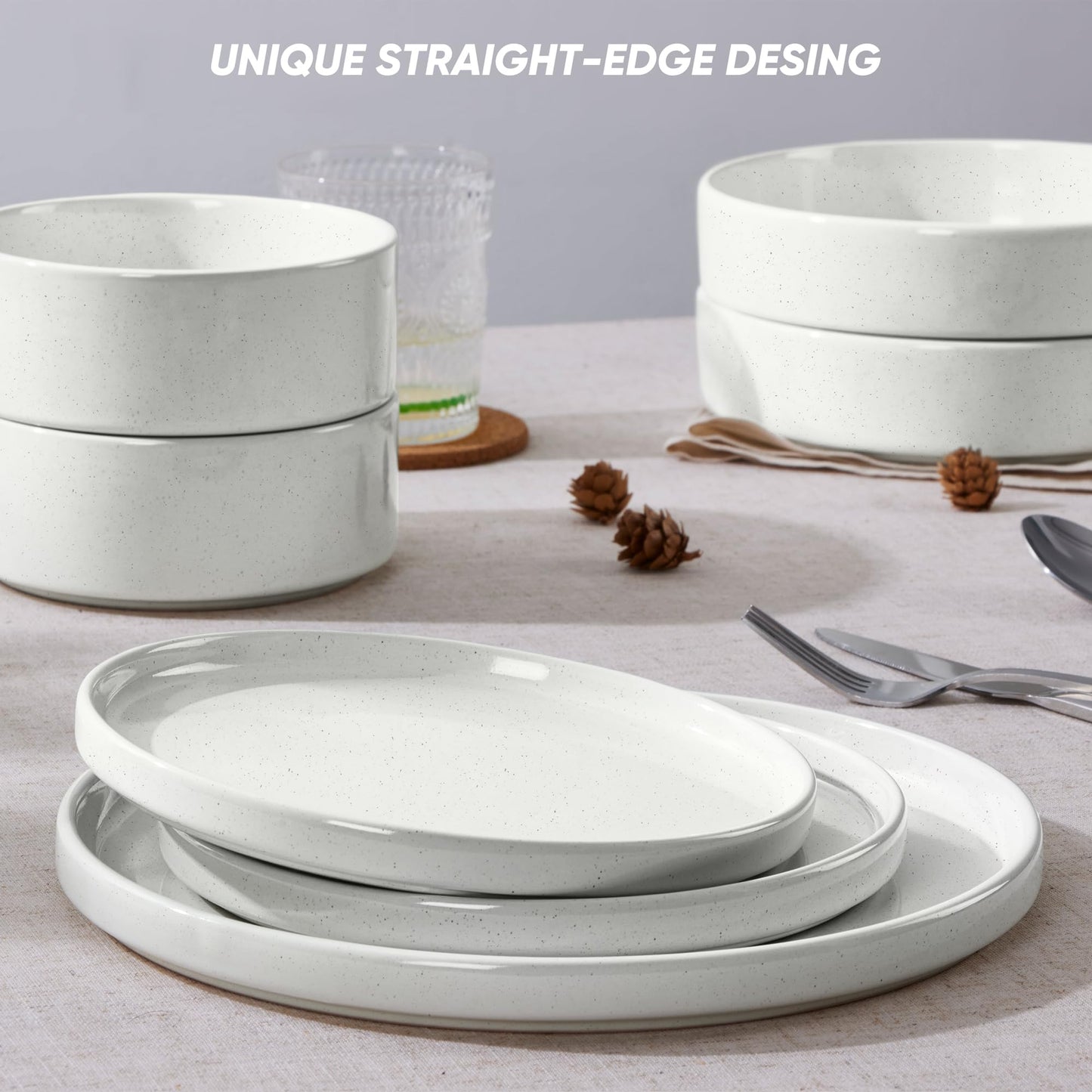 E-far 8-Piece Plates and Bowls Sets - Stoneware Dinnerware Sets with Pasta Bowls for 2 | Microwave & Dishwasher Safe Modern Dish Set, Speckled White