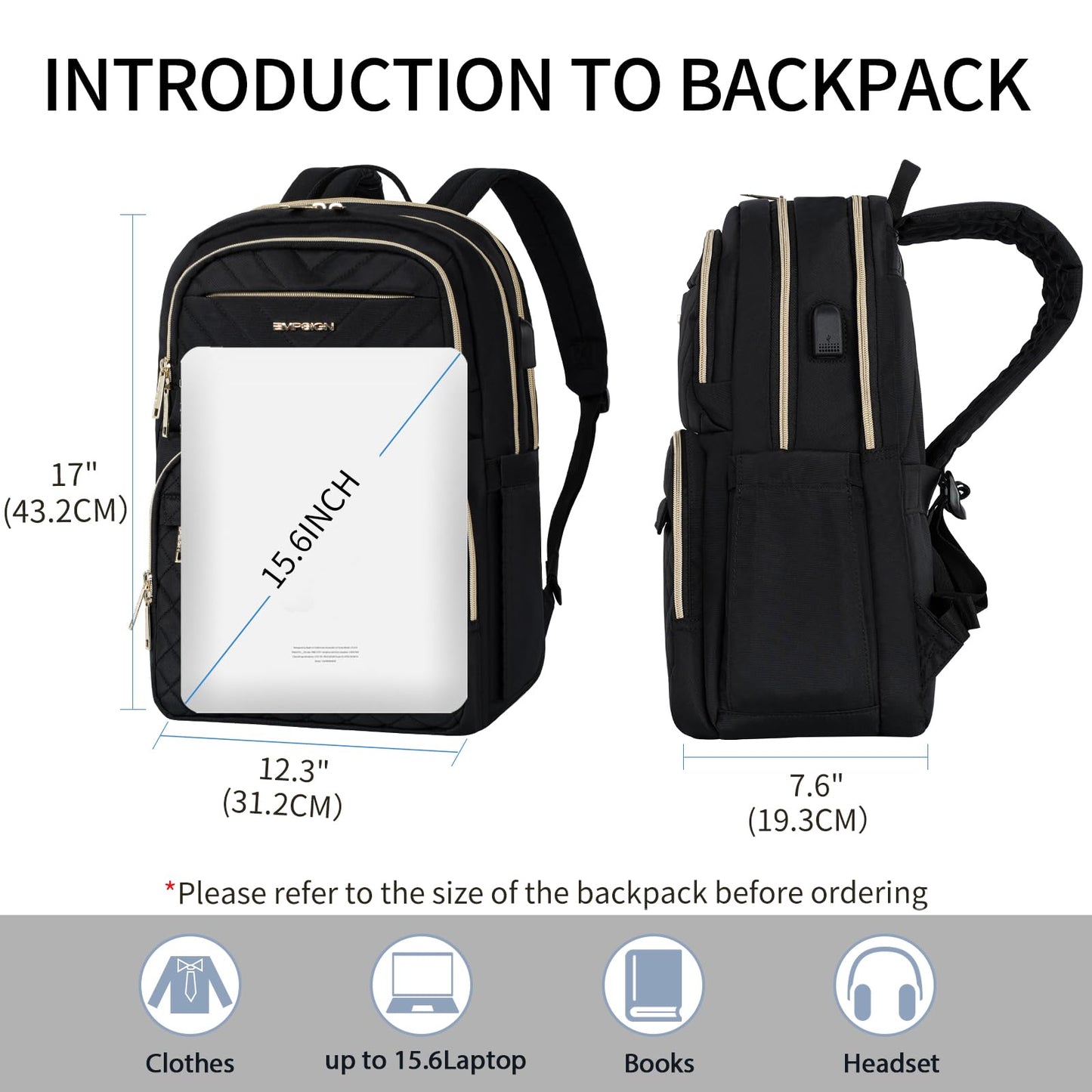 EMPSIGN Laptop Backpack Purse for Women and Men with USB Charging Port, 15.6 Inch Travel Water Resistant Quilted Backpack, High-Capacity 30L Work Business Computer Backpack, Quilted Black
