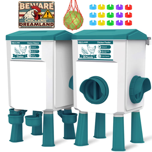 Chicken Feeder and Waterer Set - 3 Gallon/26.5 Pounds, Automatic Chicken Waterer with 4 Cups & 3 Feeder Ports, No Waste Poultry Feeders & Waterers, Chickens Coop Accessories for Hens/Ducks/Poultry