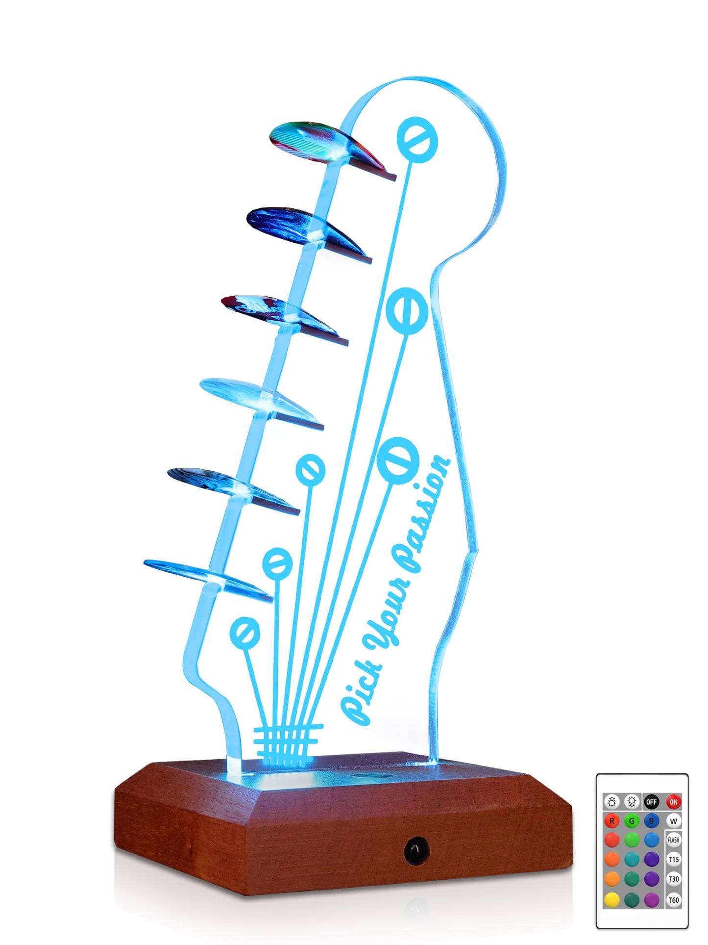 CoolGift Mart Light Up Guitar Pick Holder, Acrylic Wooden Electric Guitar Headstock Shaped Pick Holder with 16 Color Lights for Picks Storage and Display, Gift for Guitarists