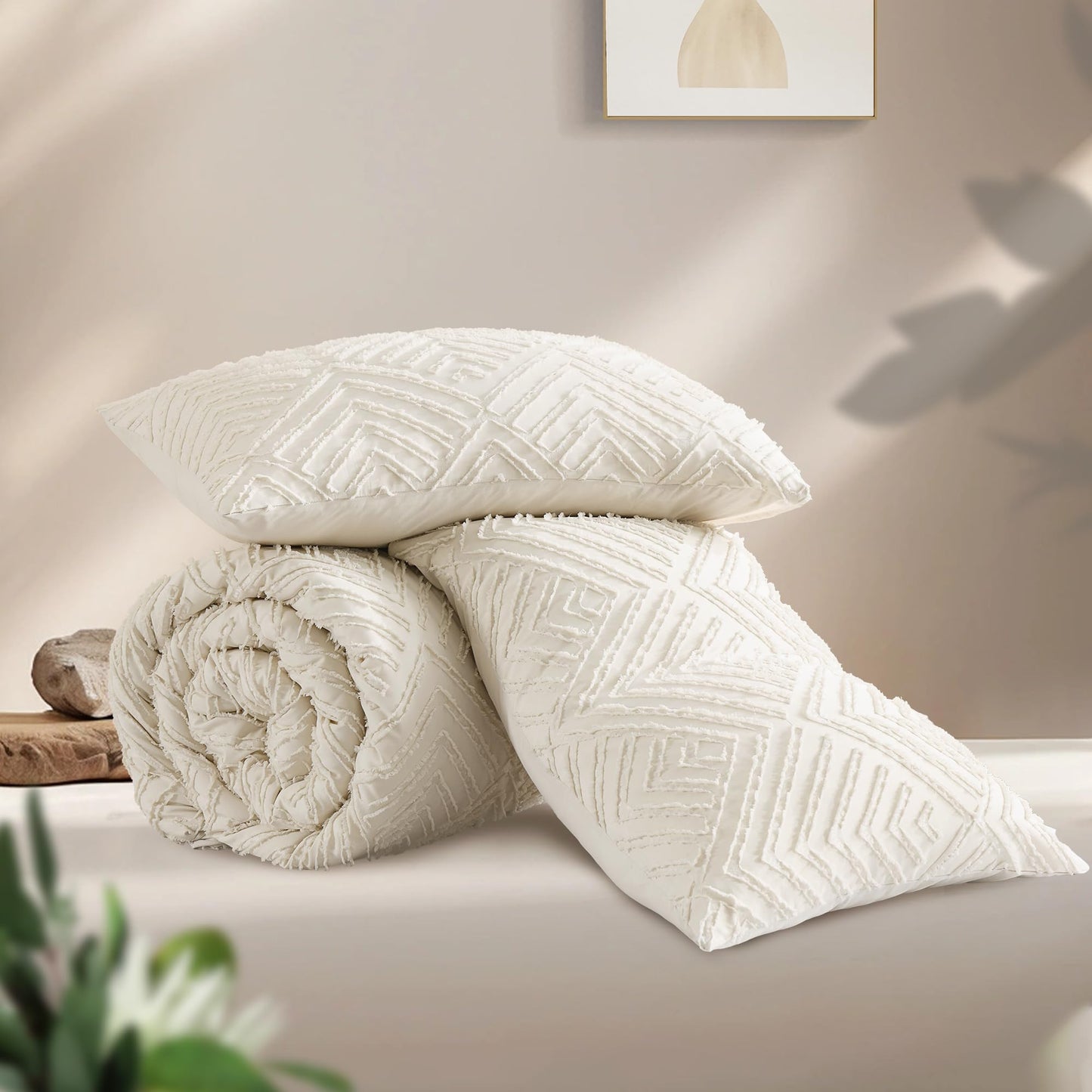 Andency Queen Comforter Set Beige, 3 Pieces Queen Size Comforter Sets Boho Cream Solid Bedding Set & Collections, All Season Tufted Farmhouse Bed Comforter Set (90x90 in Comforter & 2 Pillowcases)
