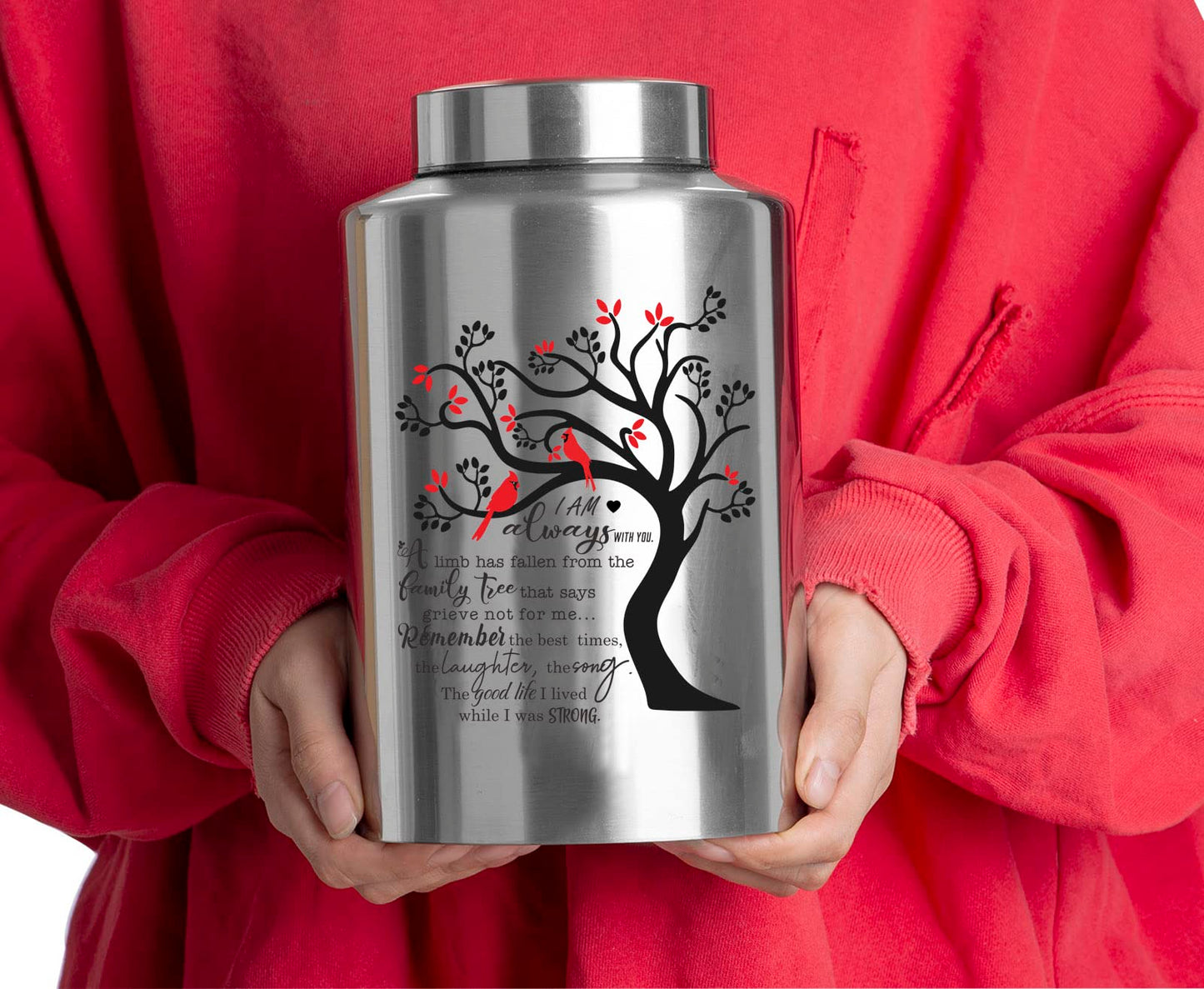 Cremation Urn for Human Ashes - Large Decorative Funeral Burial Keepsake for Male Female up to 220 lbs - Hummingbird Tree of Life Stainless Steel With Velvet Bag