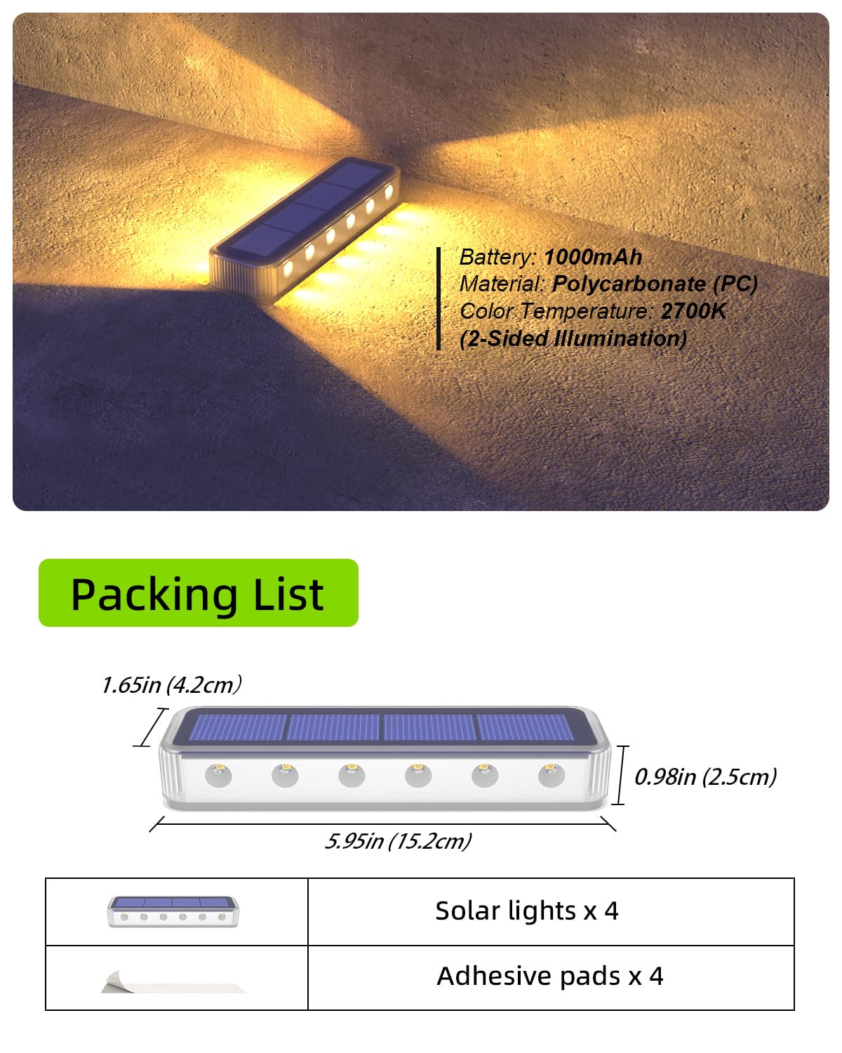 DetarZinLED Solar Step Lights Outdoor 4 Pack, 12 LEDs 2-Sided Illumination Solar Stair Lights Outdoor IP68 Waterproof,Auto On/Off Deck Lights Solar Powered for Patio,Yard,Path,Walkway (Warm White)